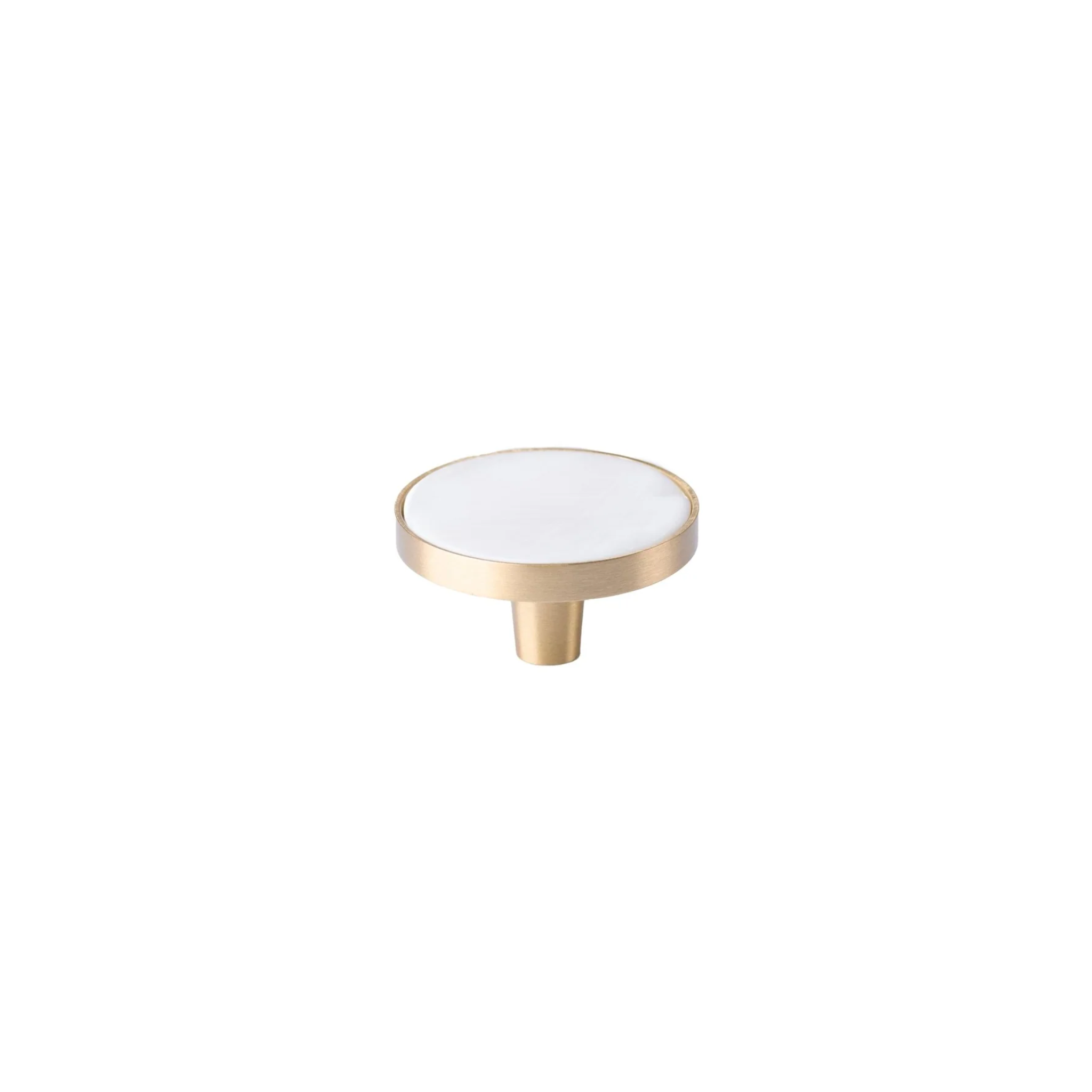 Brass Essence mother of pearl and brass round cabinet knob with elegant, shiny surface and vintage-inspired design.
