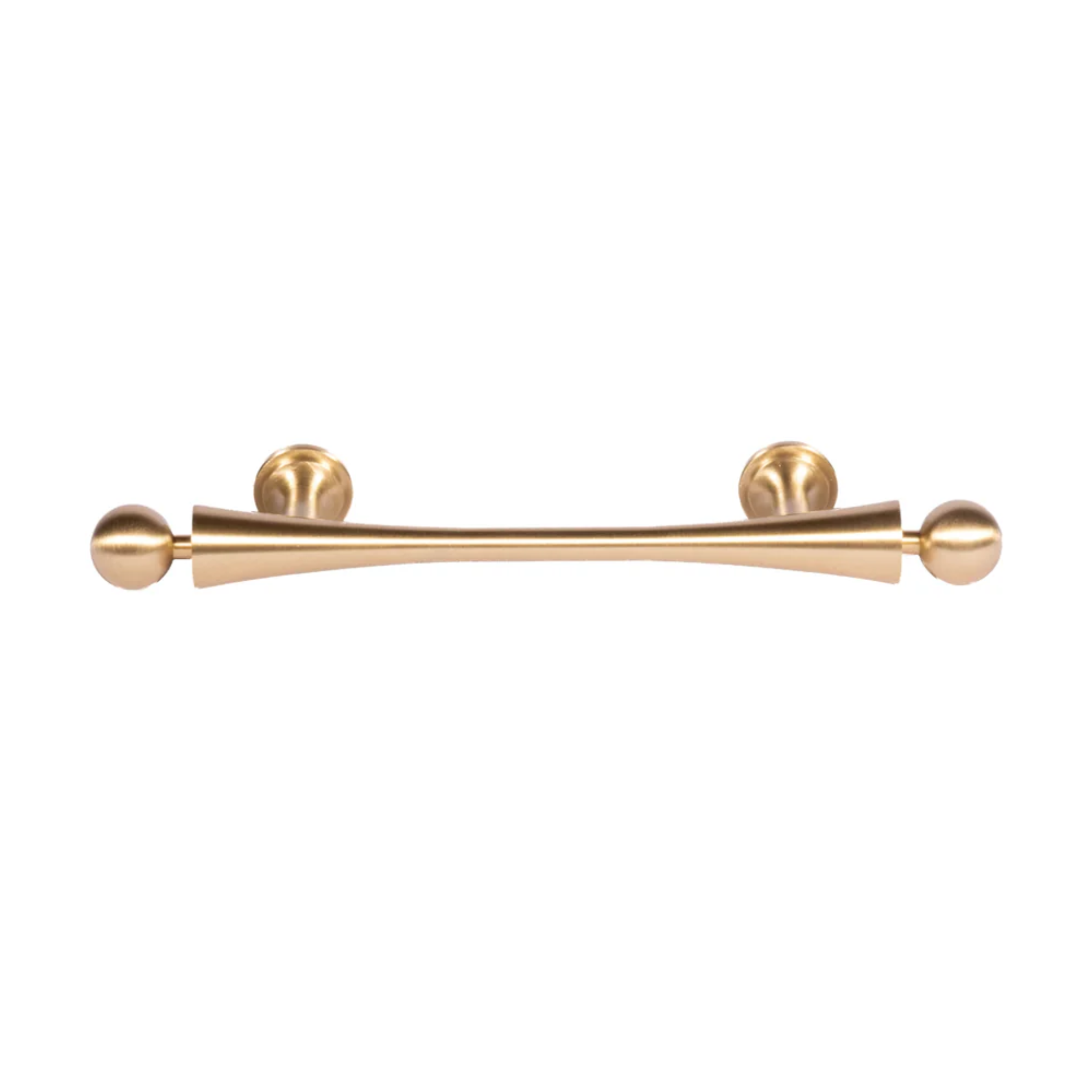 Brass Essence Seasaw Hourglass brushed brass cabinet handle mounted on a cabinet door with a sleek, modern design.