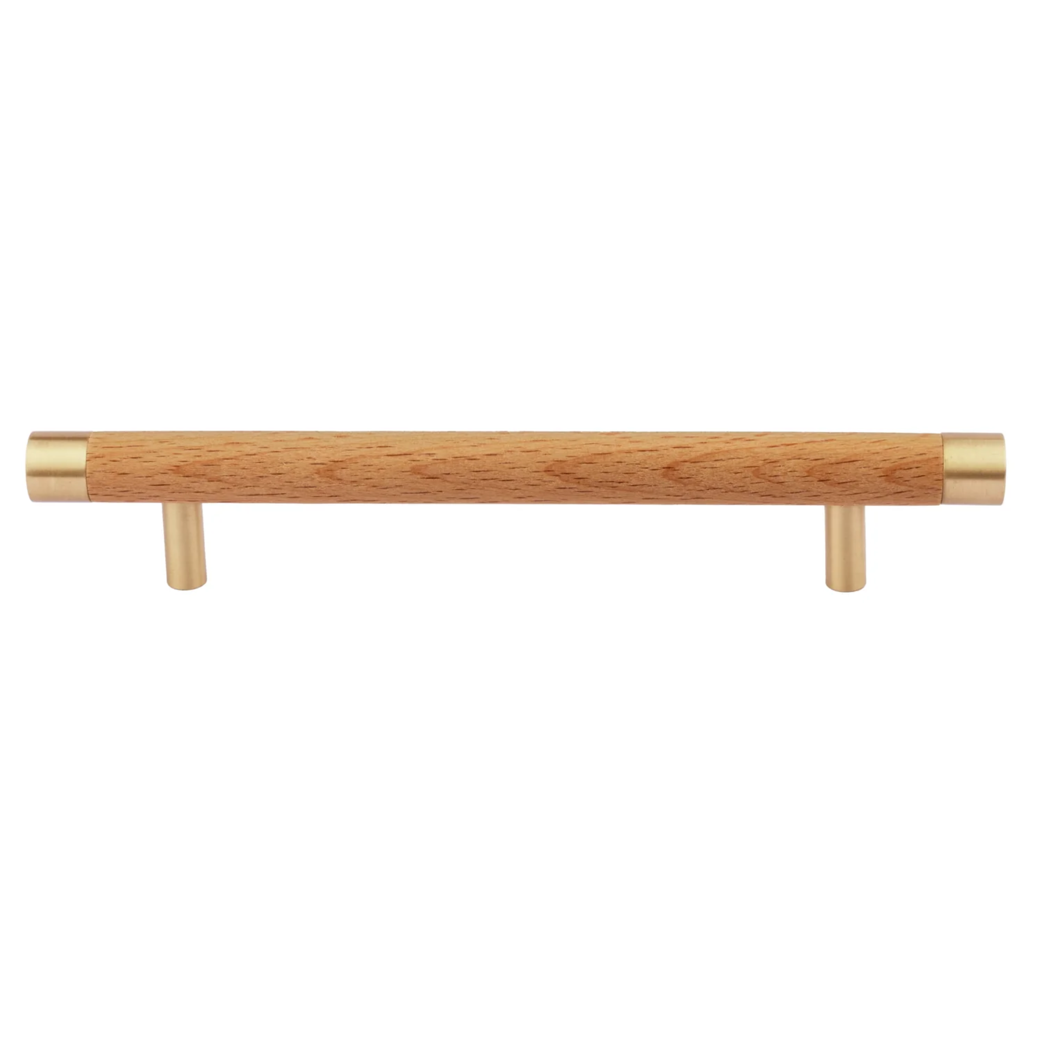 Natural wood and brass T-bar handle from Brass Essence collection, showcasing sleek design and high-quality materials.