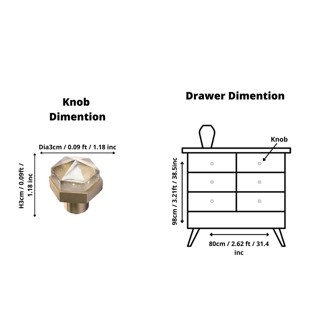 Natural crystal and brass hexagon knob by Brass Essence, showcasing a polished crystal sphere with brass hexagonal base.