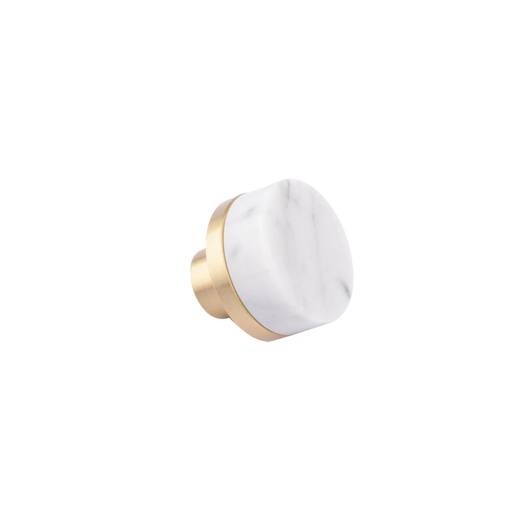 Brass Essence Karish marble and brass knobs with luxury finish, showcasing elegant round design and polished surface for cabinets.