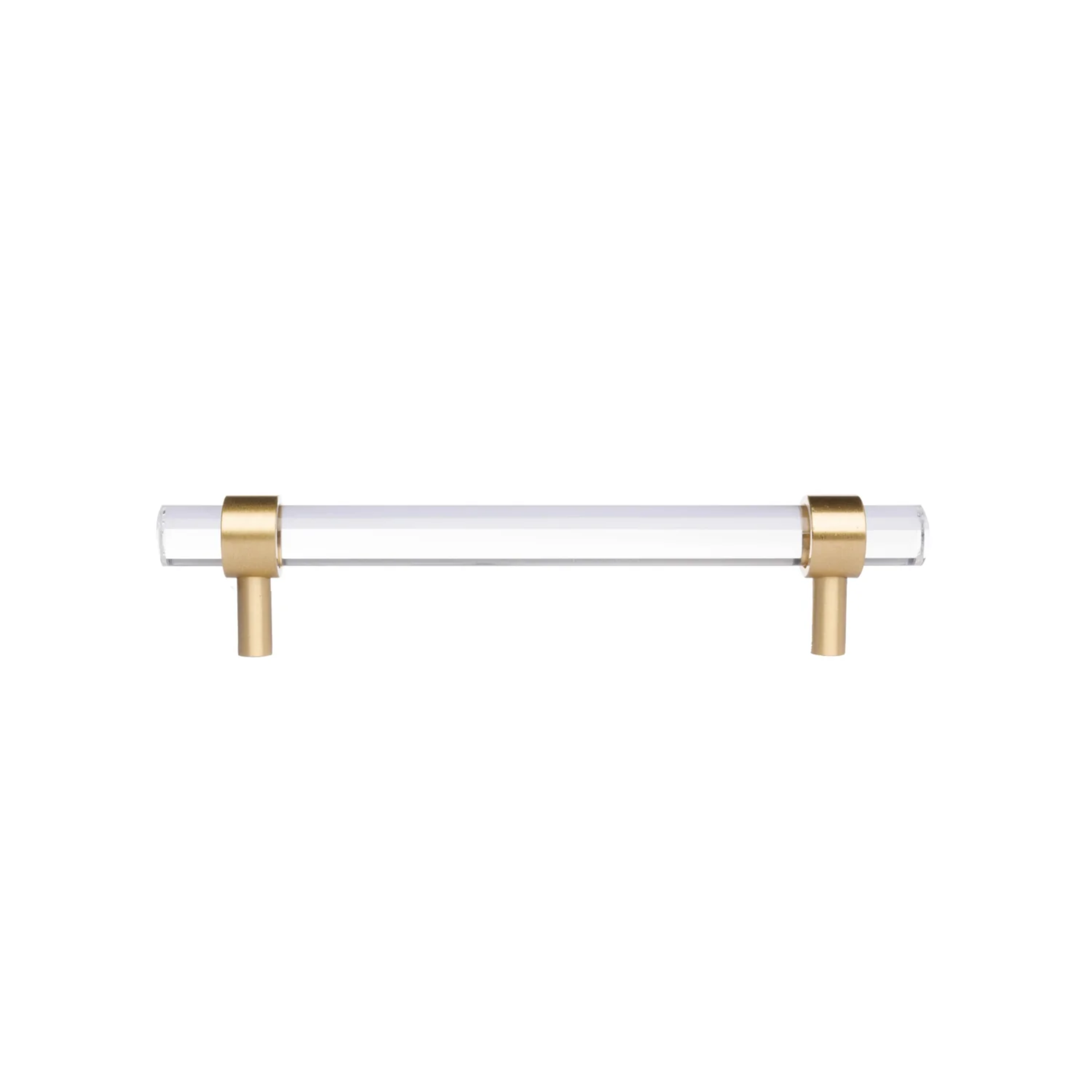 Clear acrylic and brass T-bar handle from Brass Essence collection, shown on a sleek cabinet or drawer surface.
