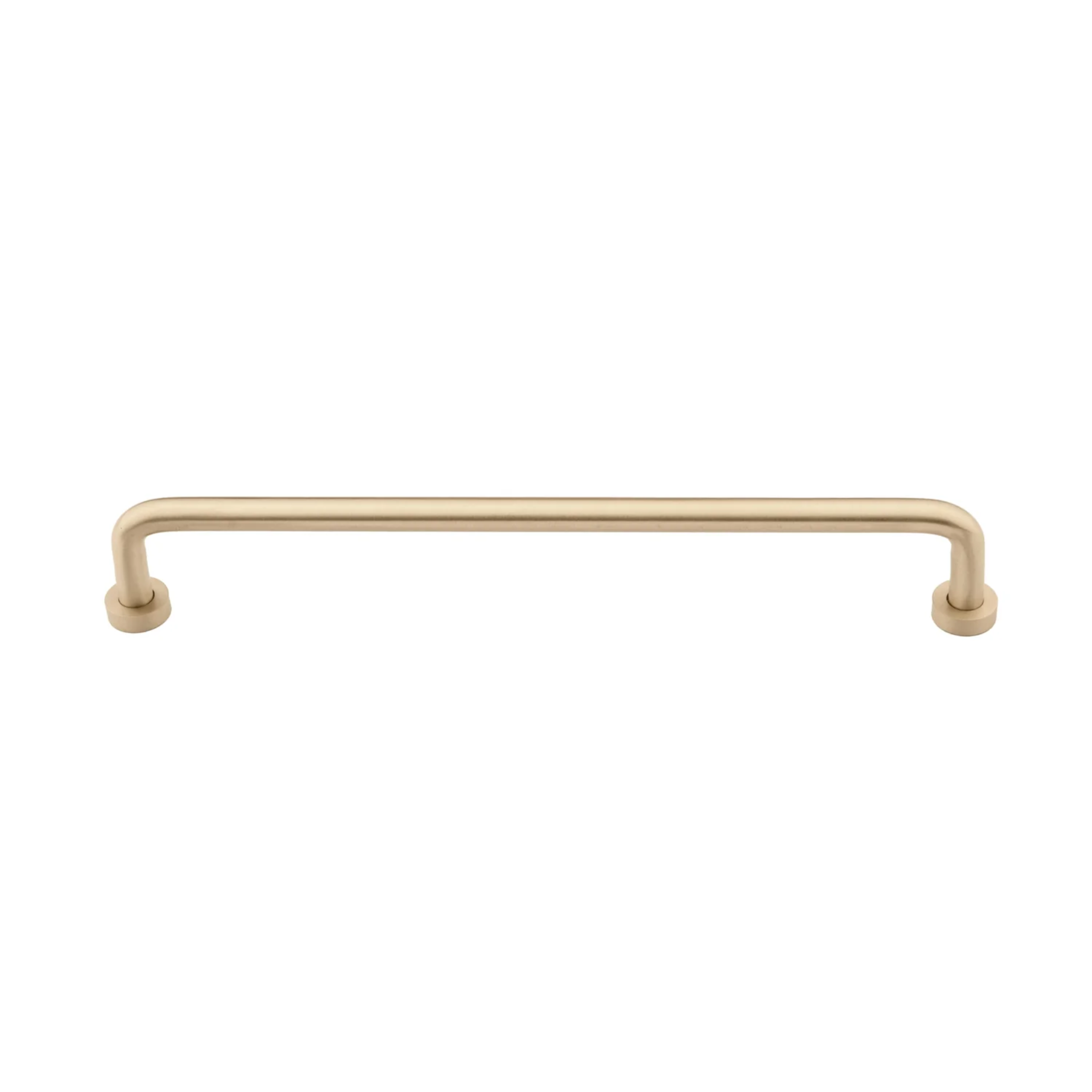 Minimalist solid brass curved handle from Brass Essence, showcasing its sleek, polished design for furniture or cabinetry.