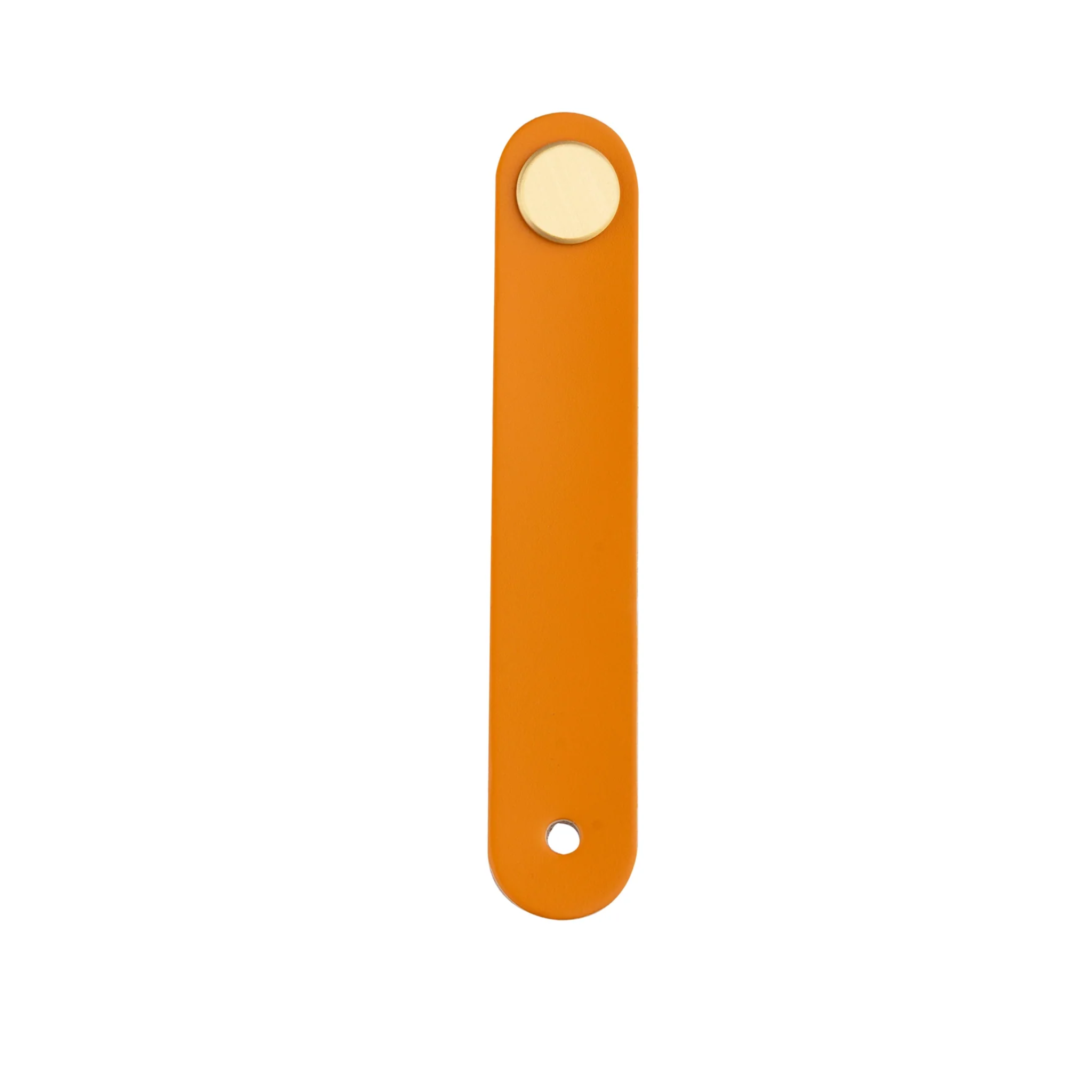 Brass Essence leather and brass strap cabinet pull showing a sleek brass handle with a leather strap for furniture drawer or cabinet.