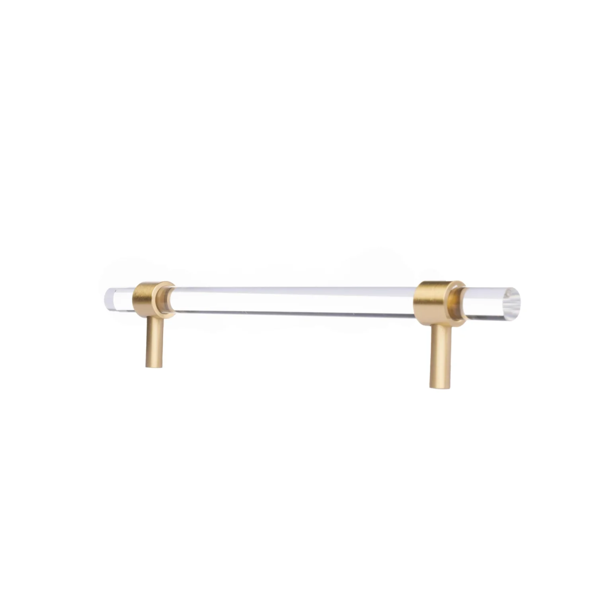 Clear acrylic and brass T-bar handle from Brass Essence, showing a sleek, modern hardware design for furniture or cabinetry.