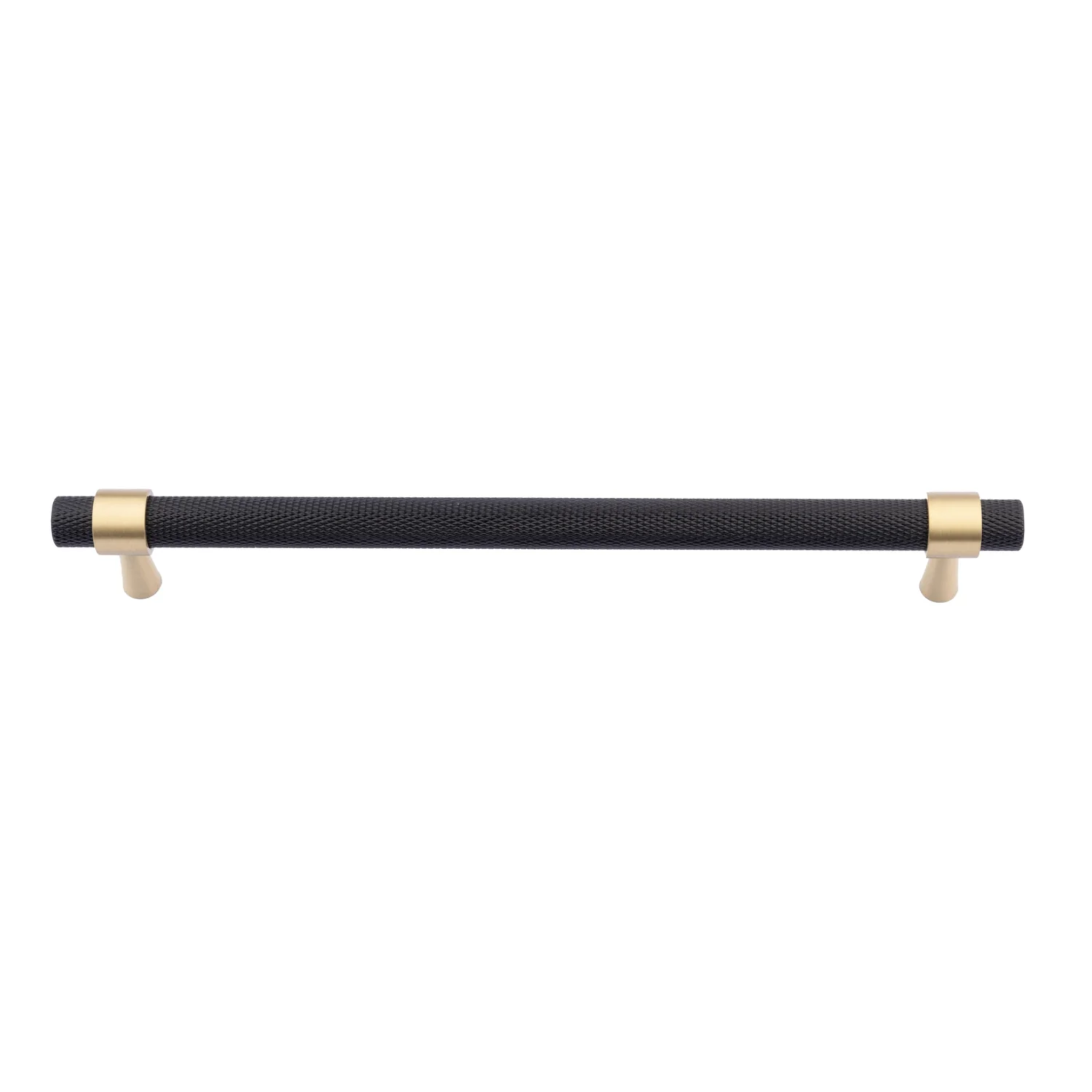 Knurled black and gold T-bar handle from Brass Essence collection, featuring a sleek, textured design for furniture or cabinetry.