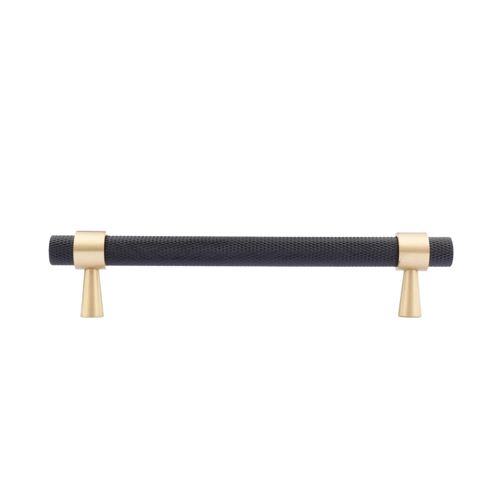 Black and gold knurled T-bar handle from Brass Essence collection, showcasing textured grip and sleek metal finish.