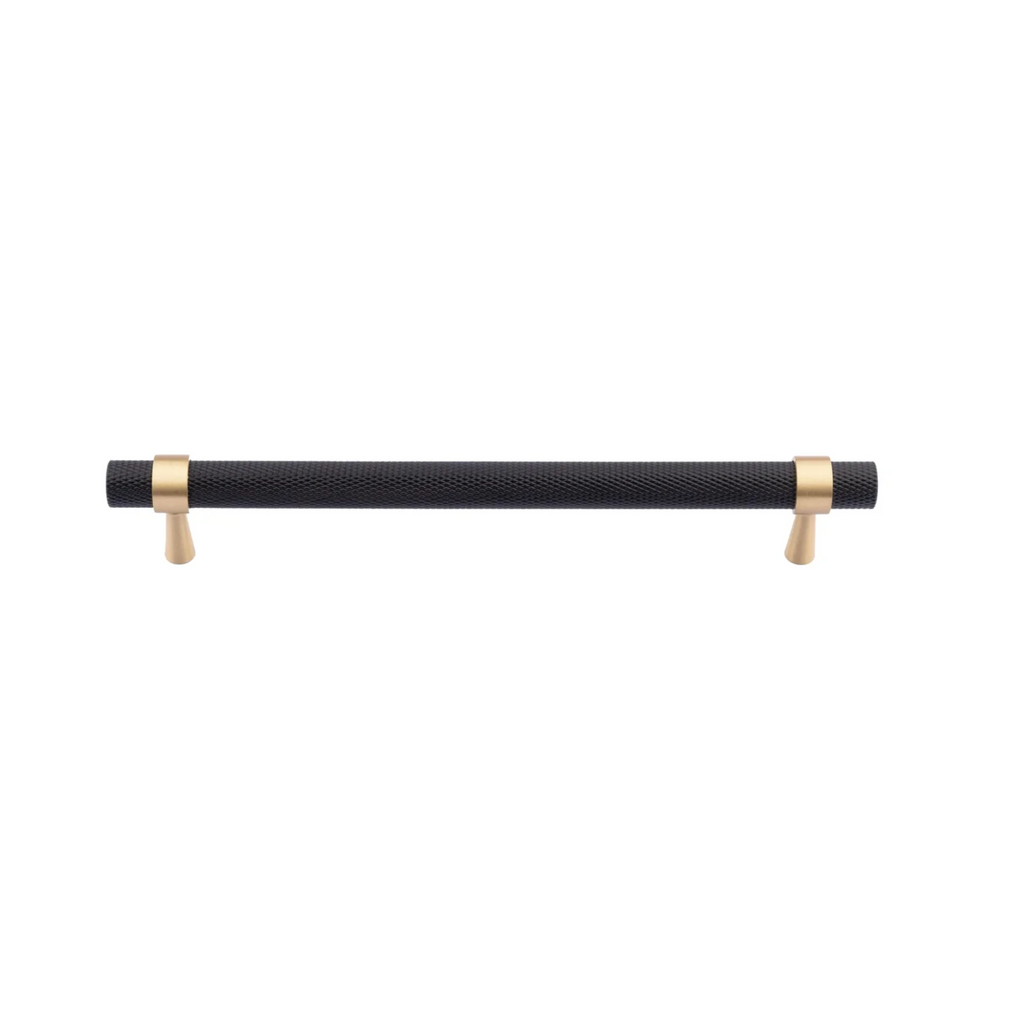 Brass Essence knurled black and gold T-Bar handle from the B-0064 collection, featuring a textured grip and stylish metallic finish.