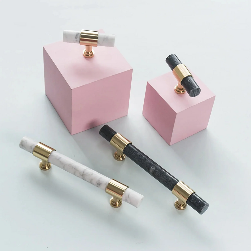 Brass Essence Karish marble and brass handle with brushed finish, modern luxury drawer or cabinet pull with elegant design.
