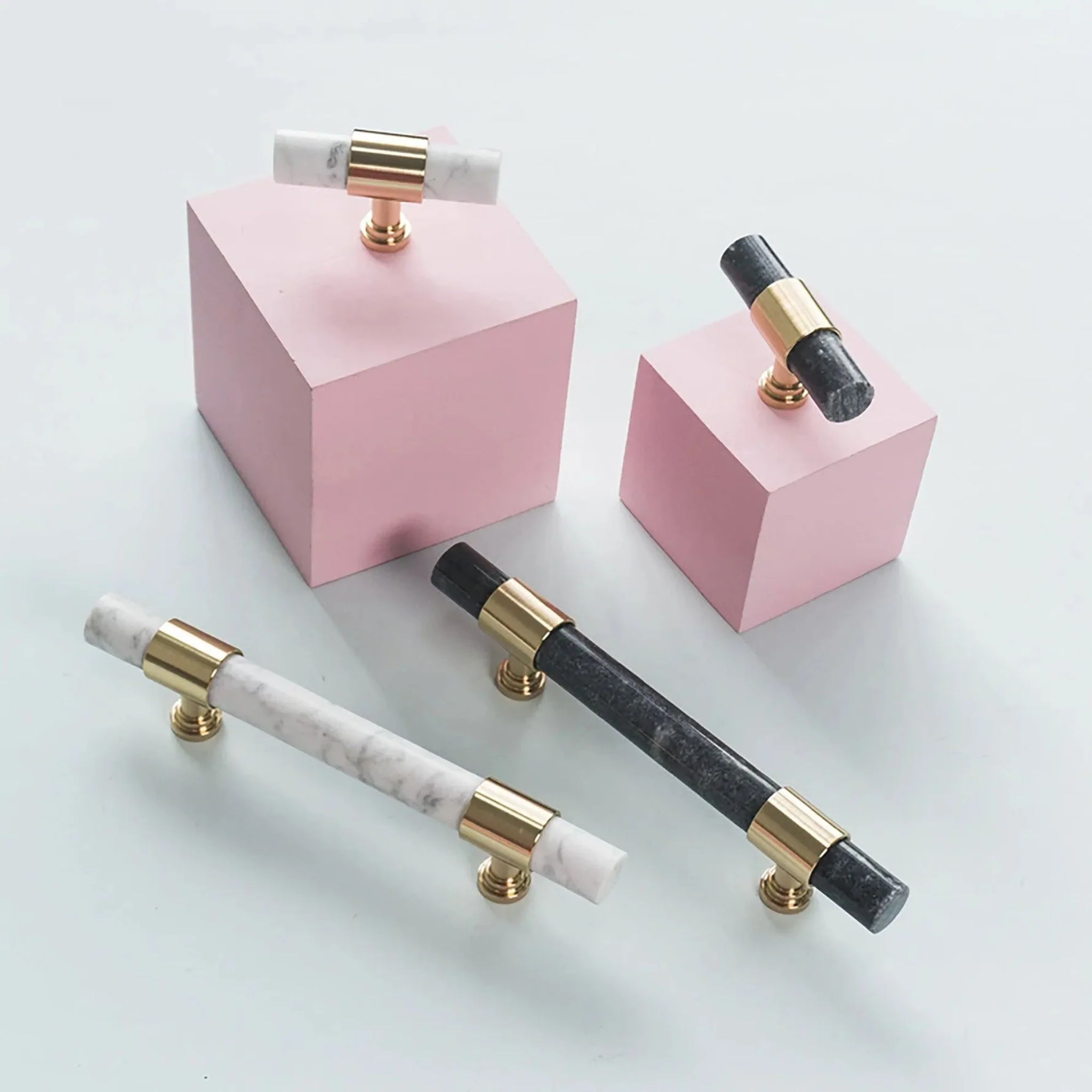 Brass Essence Karish marble and brass handle with brushed finish, modern luxury drawer or cabinet pull with elegant design.