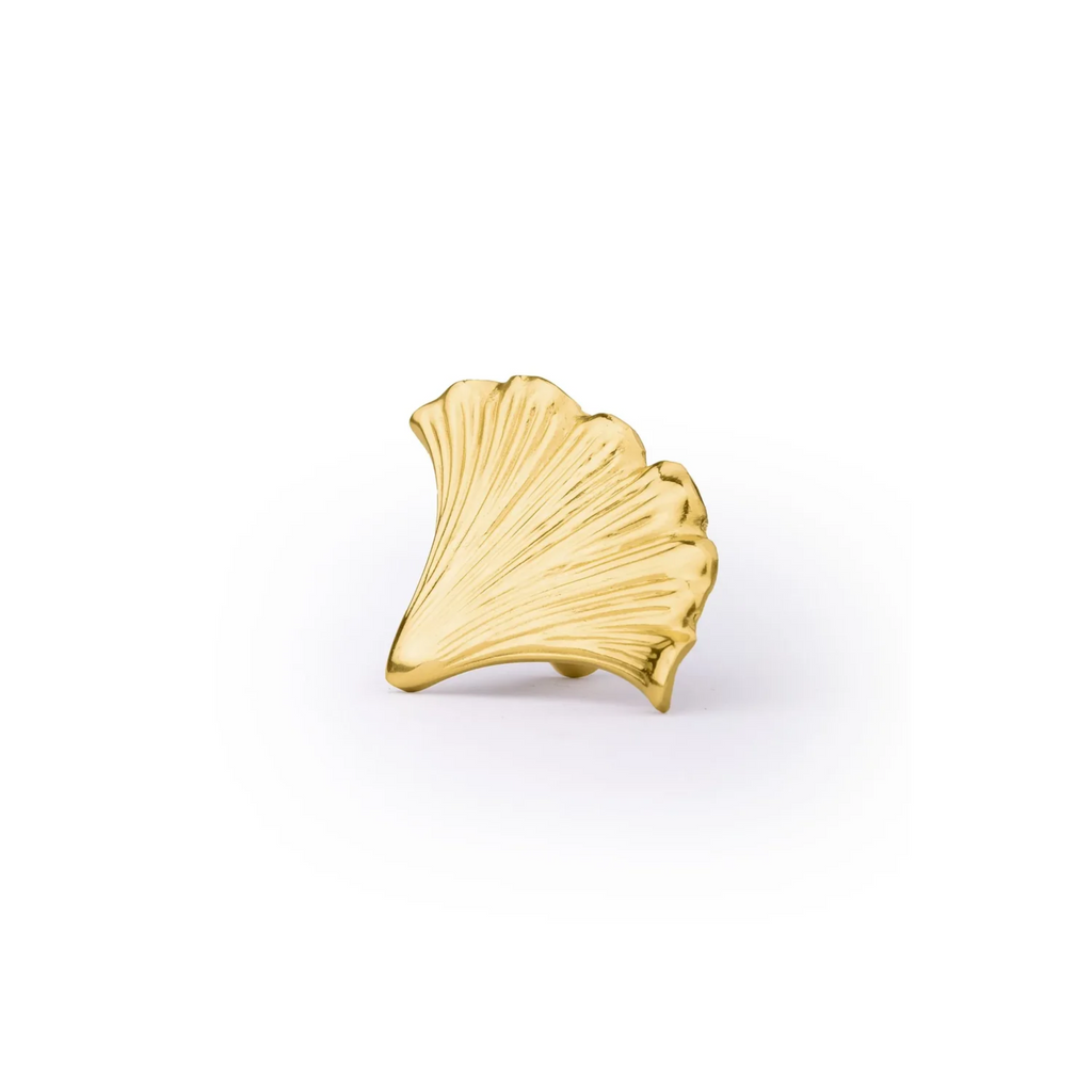 Brass Essence polished gold ginkgo leaf cabinet pull with intricate leaf design for furniture decoration.
