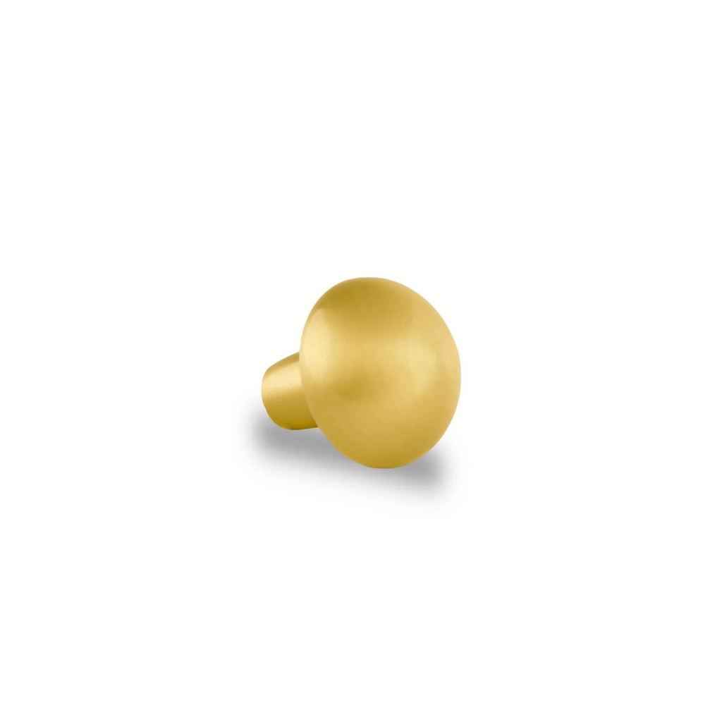 Brass Essence mushroom-shaped solid brass cabinet knob with smooth finish, ideal for modern furniture and cabinetry.