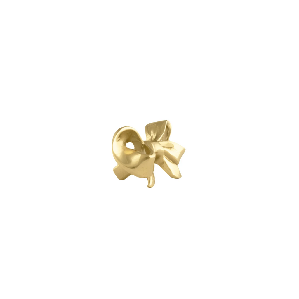 Polished brass bow cabinet knob by Brass Essence, featuring a smooth, shiny finish and elegant bow shape for furniture hardware.