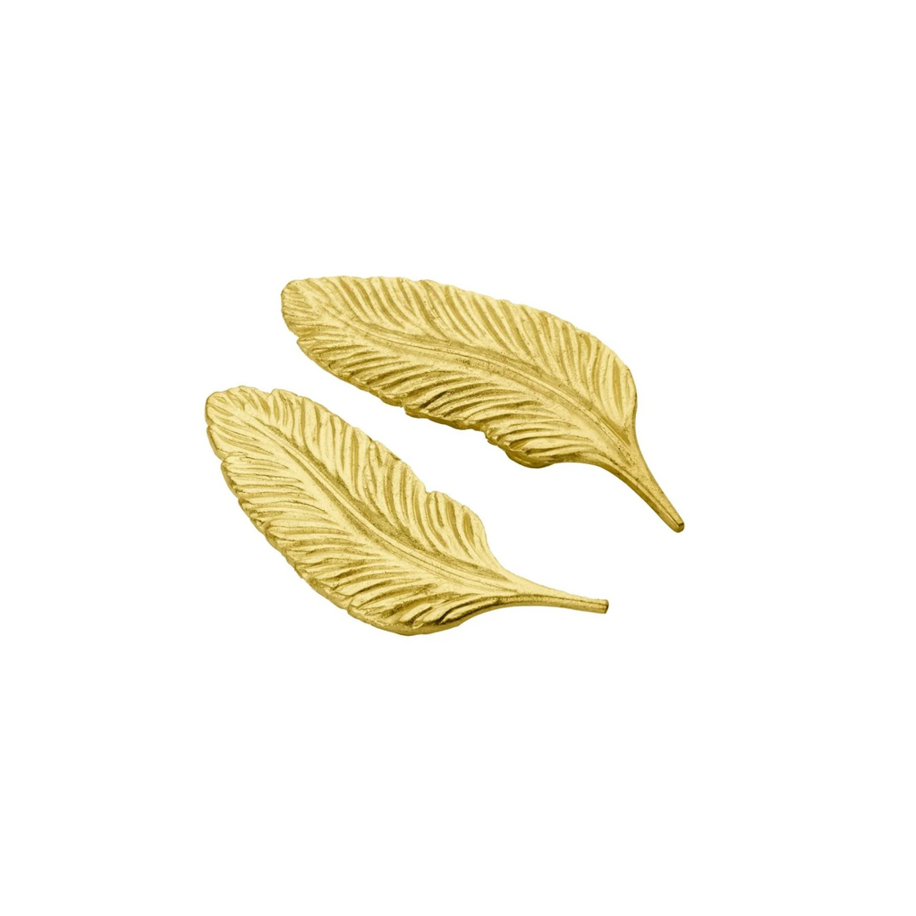 Solid brass leaf cabinet handle by Brass Essence, left and right orientation, decorative gold-toned hardware for furniture.