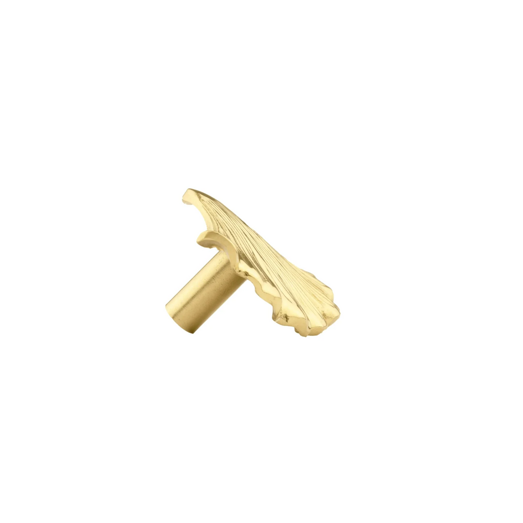 Brass Essence polished gold ginkgo leaf cabinet pull with intricate leaf design for furniture decor.