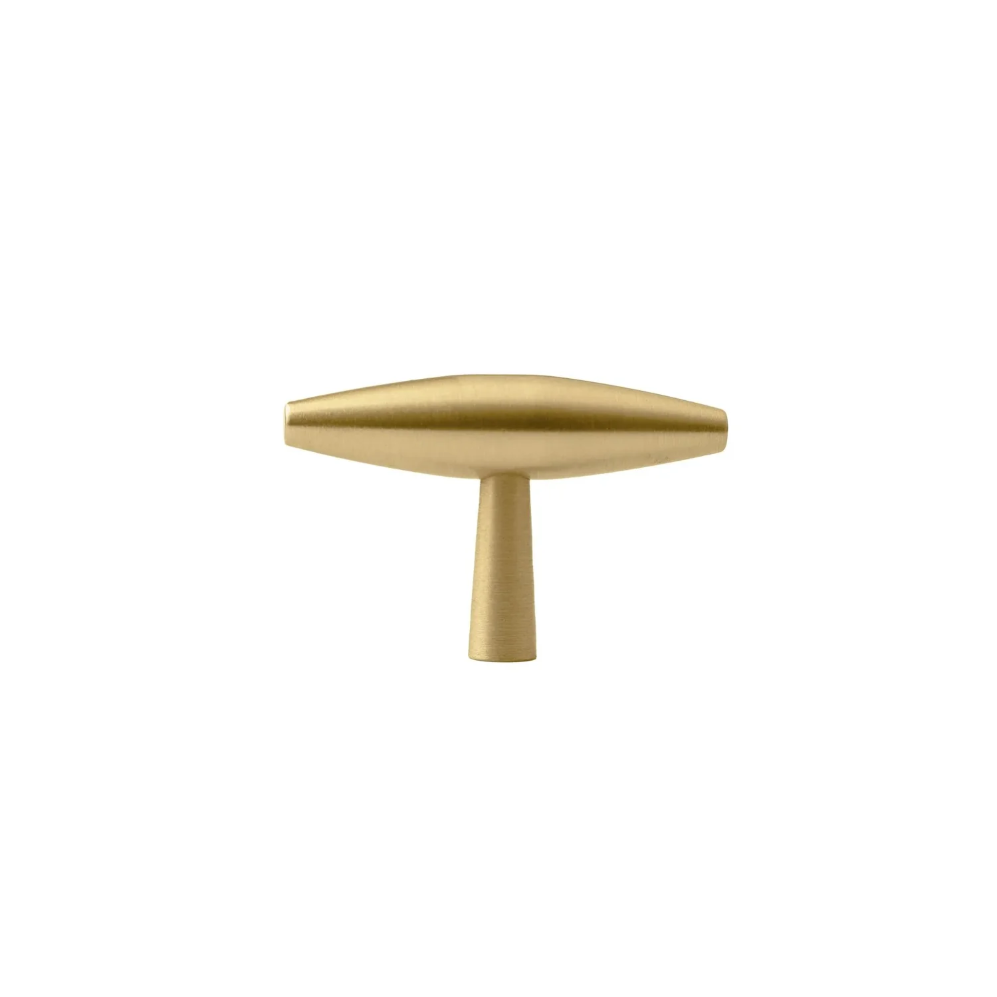 Tapered brass cabinet pull with spindle design by Brass Essence, showing the elegant, polished brass finish and ergonomic grip.