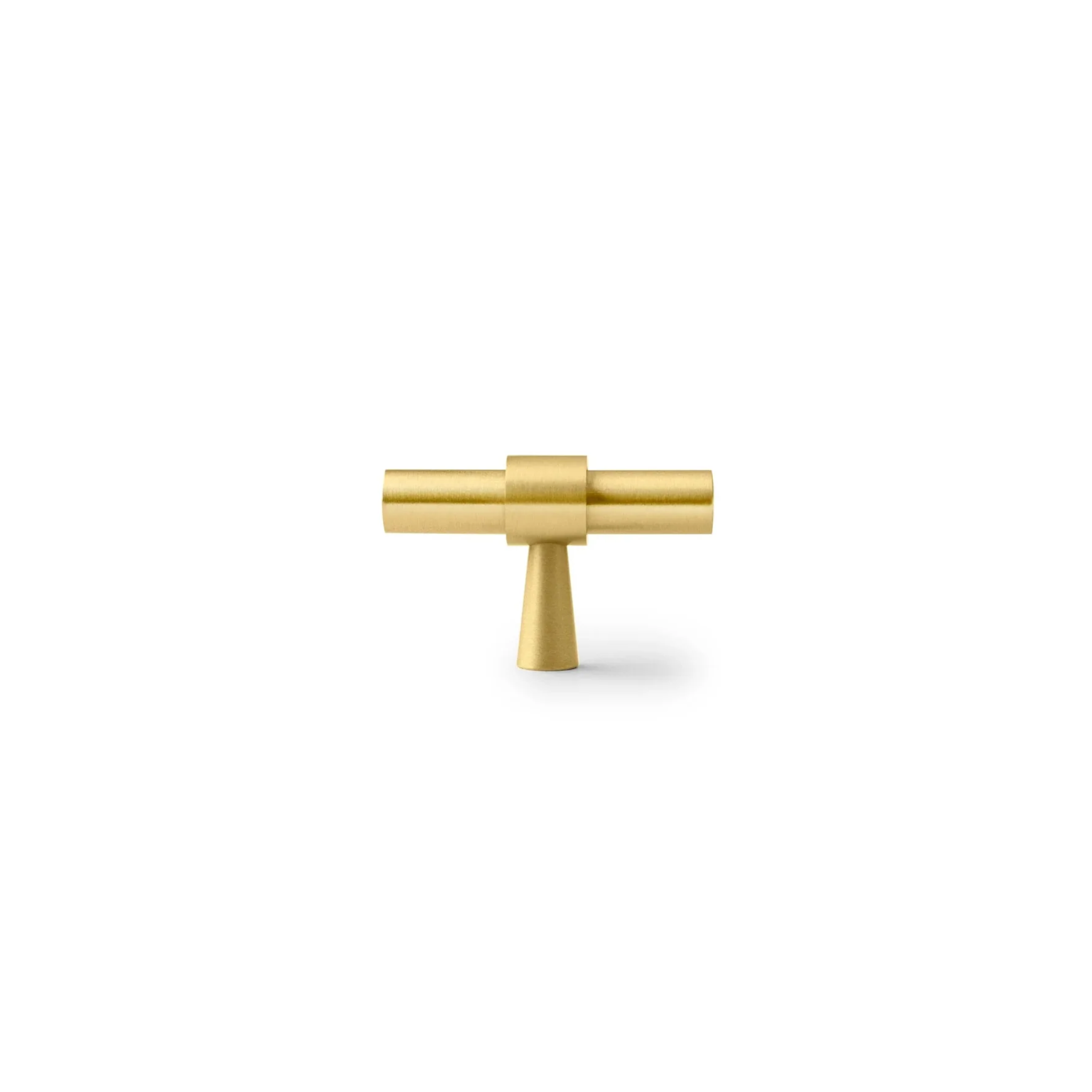 Brass Essence Naveena solid brass T-bar handle in a sleek, polished finish, designed for furniture and cabinetry.