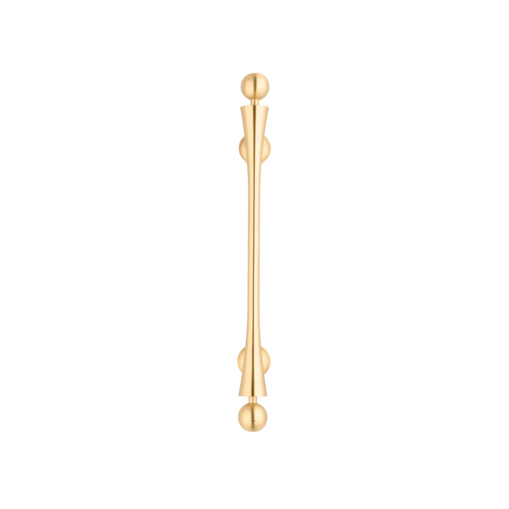 Seasaw hourglass-shaped brushed brass cabinet handle by Brass Essence, featuring a sleek, modern design for furniture hardware.