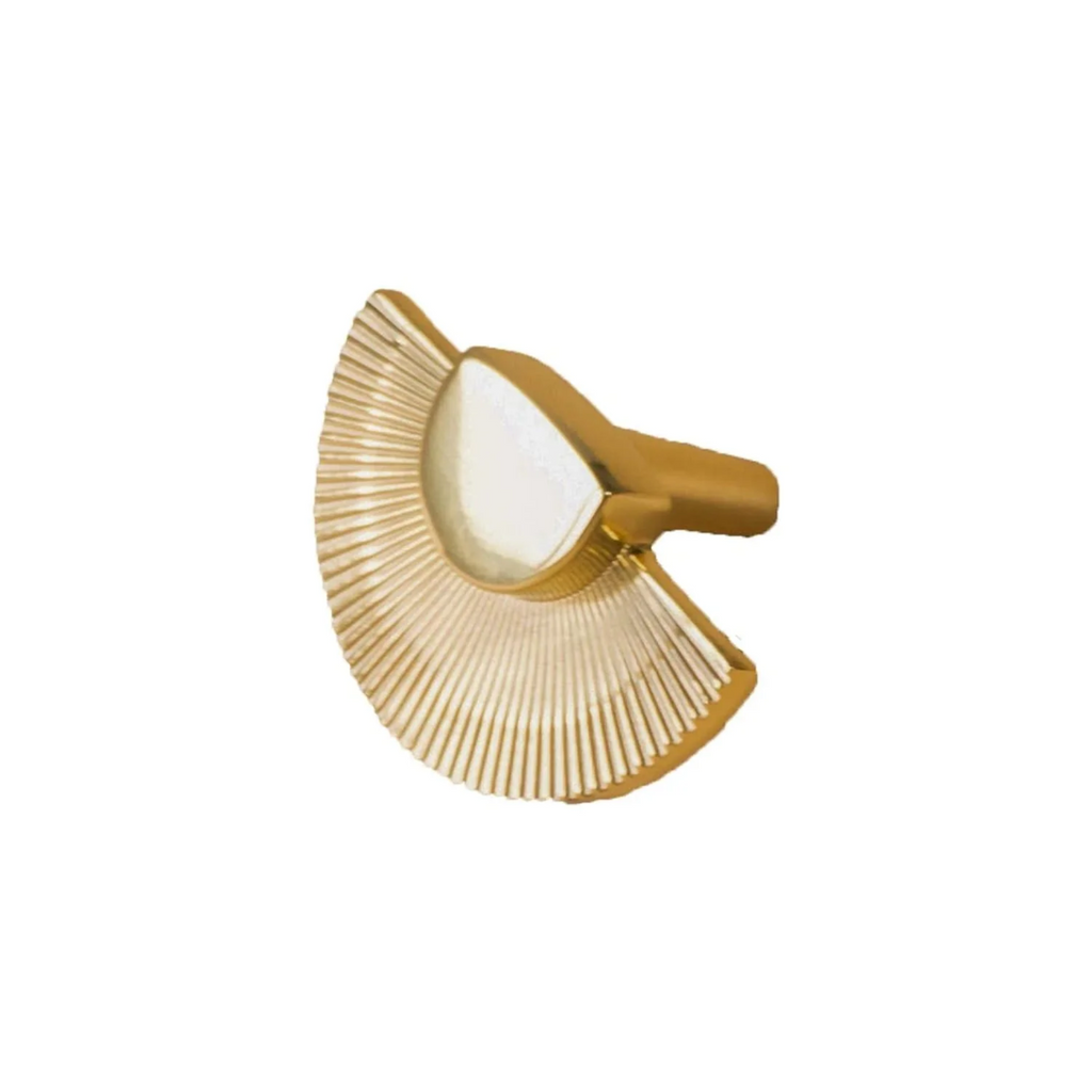Brass Essence scalloped brass fan handle from collection B-0085, showing a detailed, polished brass handle with scalloped edges.