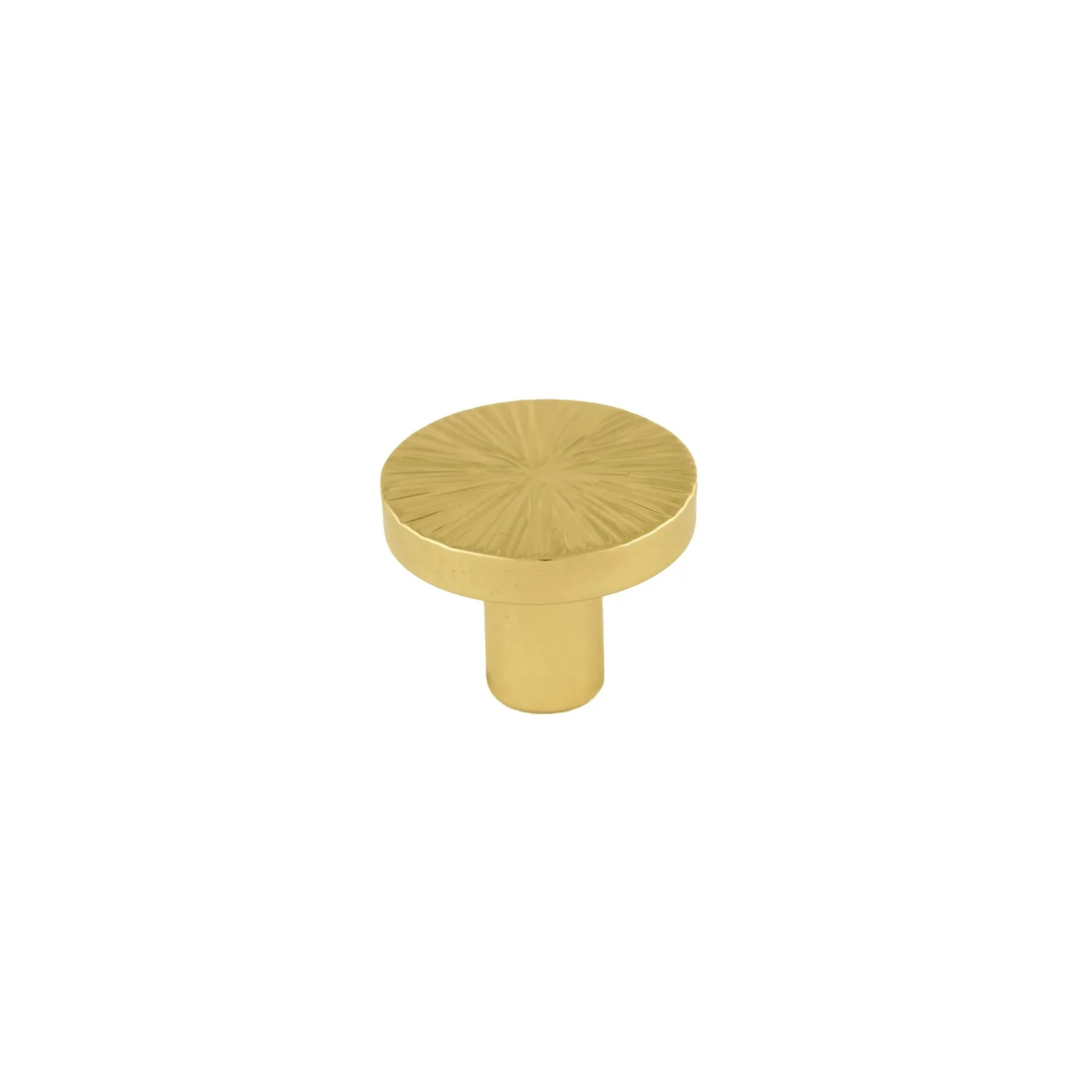 Hammered Sunburst Brass Cabinet Knob by Brass Essence, close-up showing textured brass surface and elegant round shape.