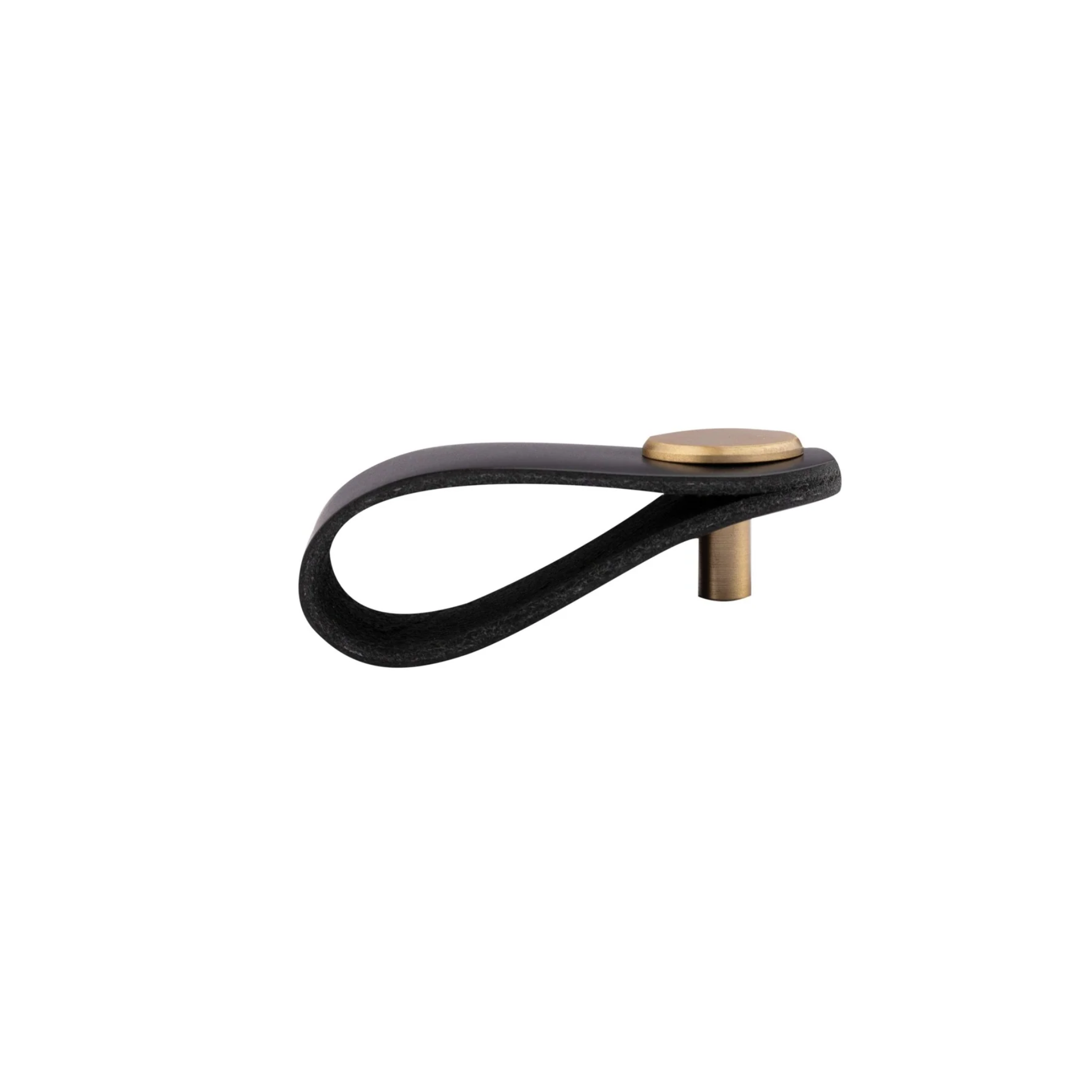Brass essence leather and brass strap cabinet pull with sleek design, featuring a leather strap and brass handle for furniture.