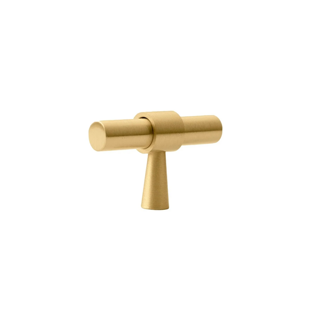 Brass Essence Naveena solid brass T-Bar handle from the collection, showcasing a sleek, polished T-shaped handle for cabinets or furniture.