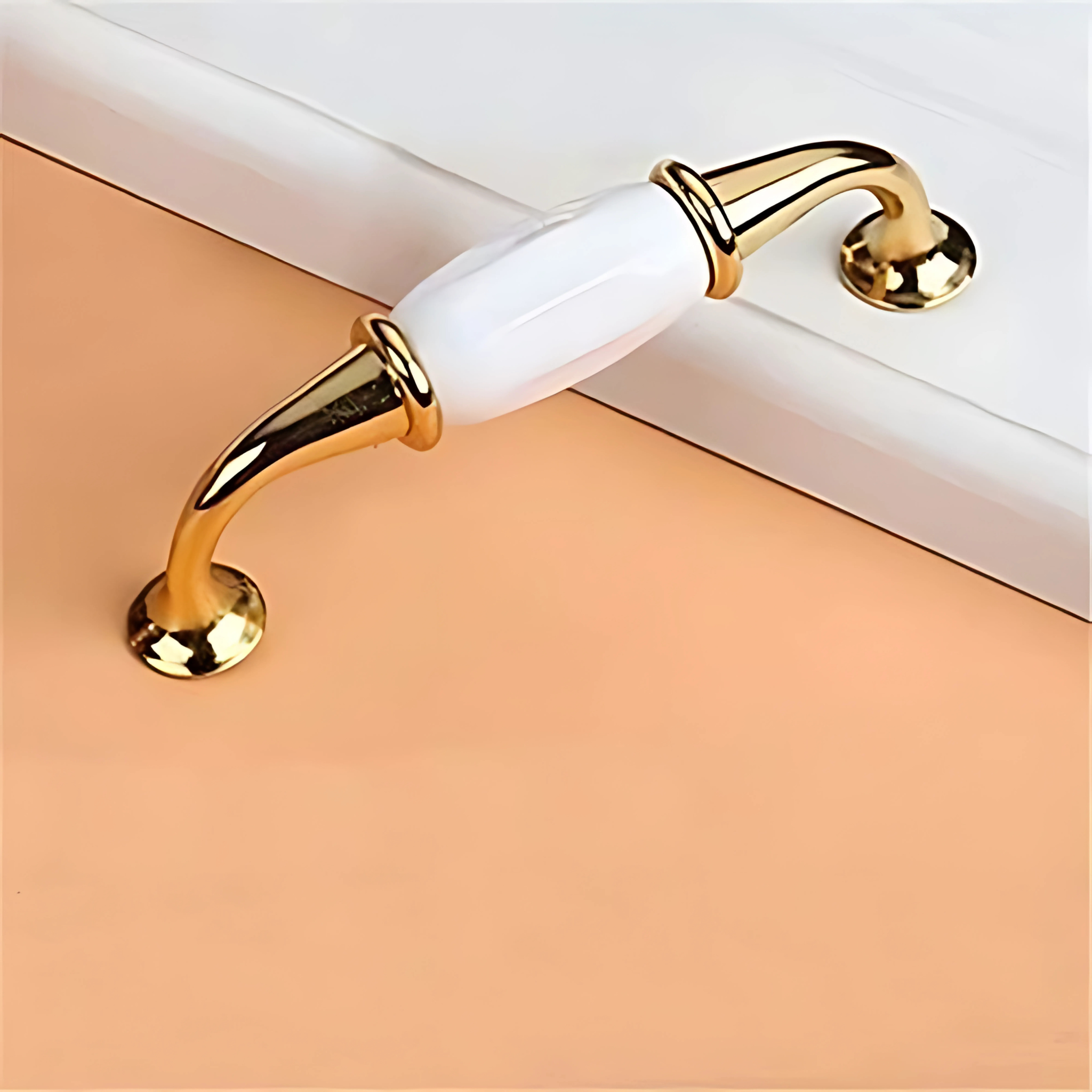 Polished ceramic and zinc cabinet pull by Brass Essence, CR 3030, showcasing a sleek, modern handle design on a cabinet.