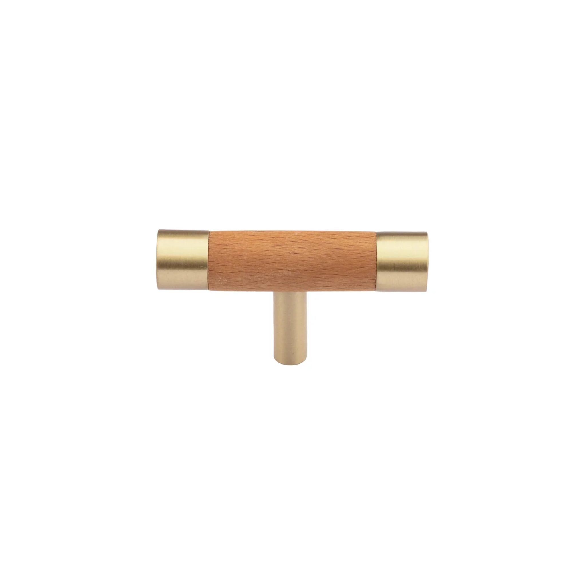 Brass Essence natural wood and brass T-Bar handle collection showing sleek handles with wooden and brass finishes.