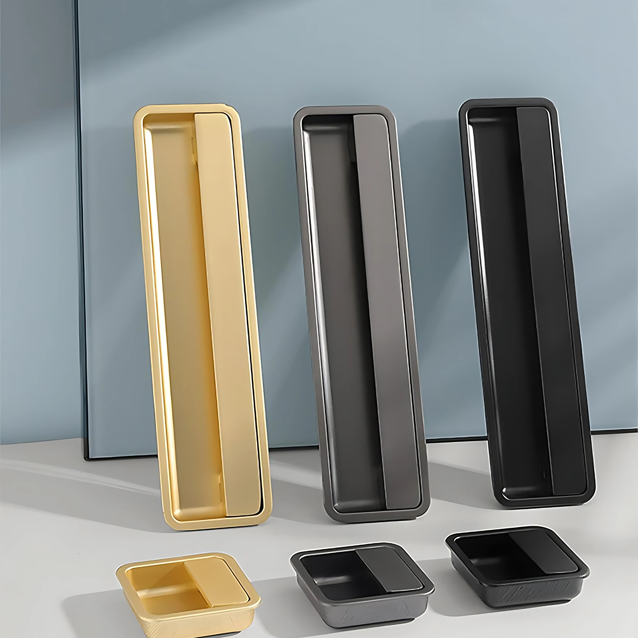 Recessed matte zinc cabinet handle from Brass Essence's Zinc Handle Collection, featuring a sleek, minimalist design.