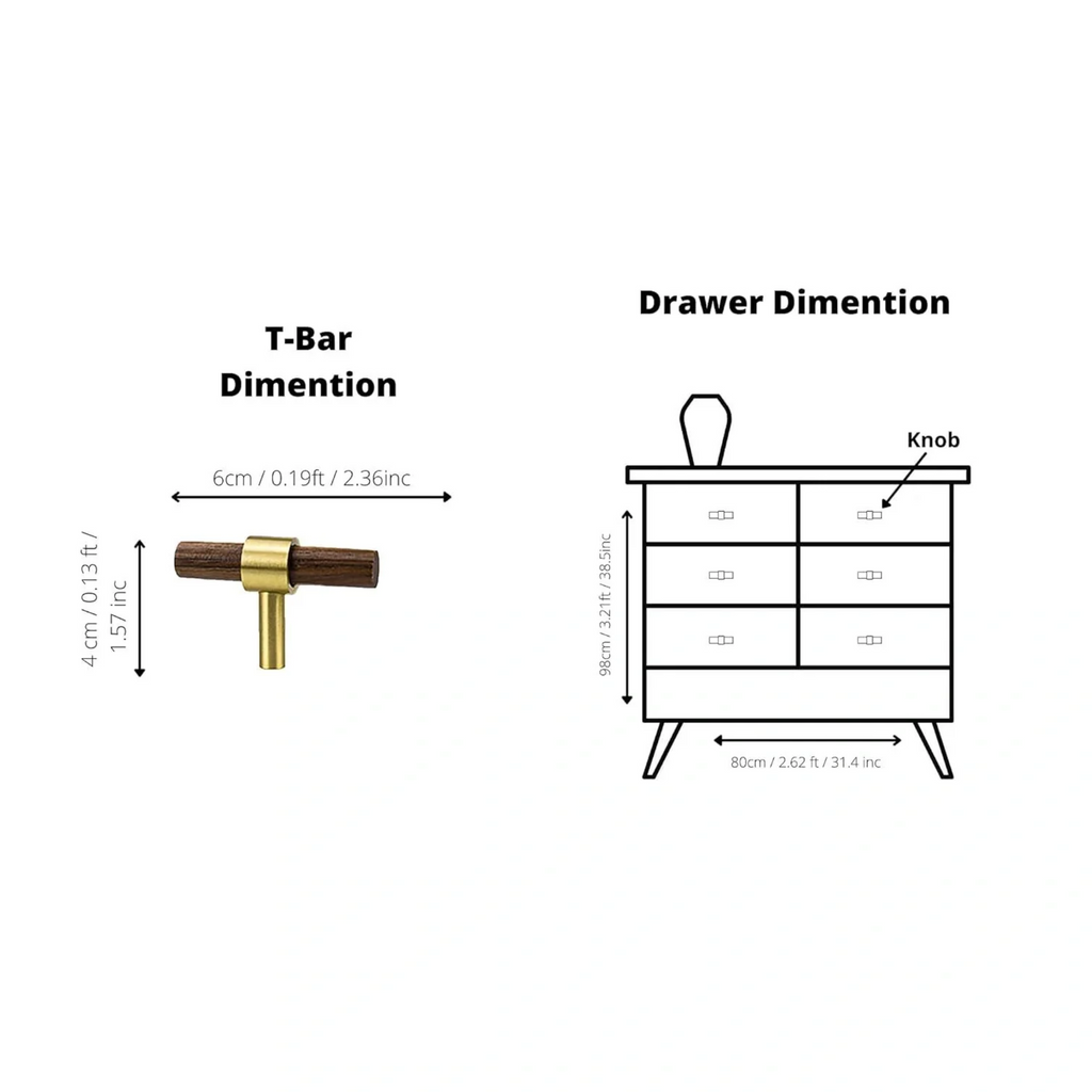 Brass Essence Walnut and brass T-Bar handle from collection W-0010, featuring a polished walnut finish and sleek brass T-Bar design.
