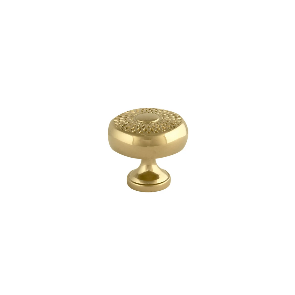 Polished brass lattice drawer knob by Brass Essence featuring intricate design, ideal for furniture handles and decorative hardware.