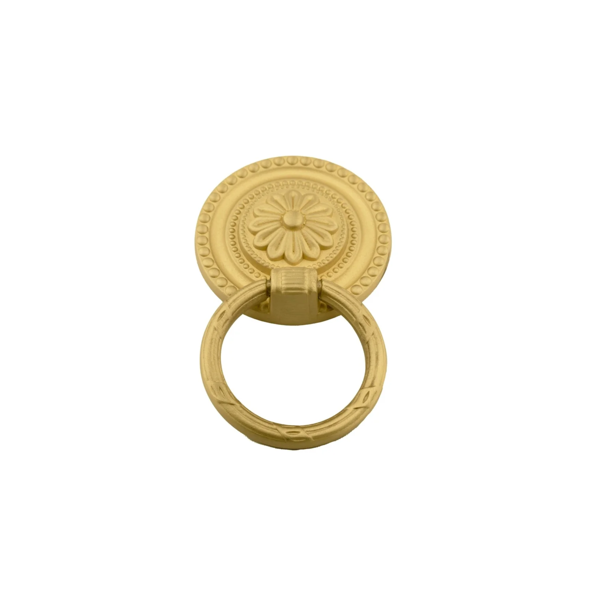 Vintage brass ring pull handle by Brass Essence, showcasing a retro design with a polished brass finish for furniture or cabinets.