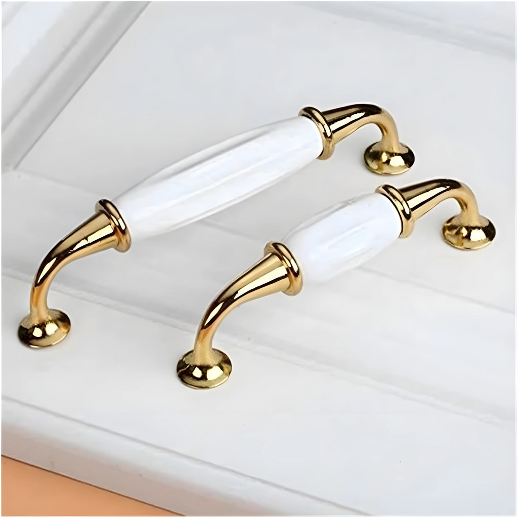 Polished ceramic and zinc cabinet pull from Brass Essence, CR 3030, featuring a sleek, shiny finish and modern design.