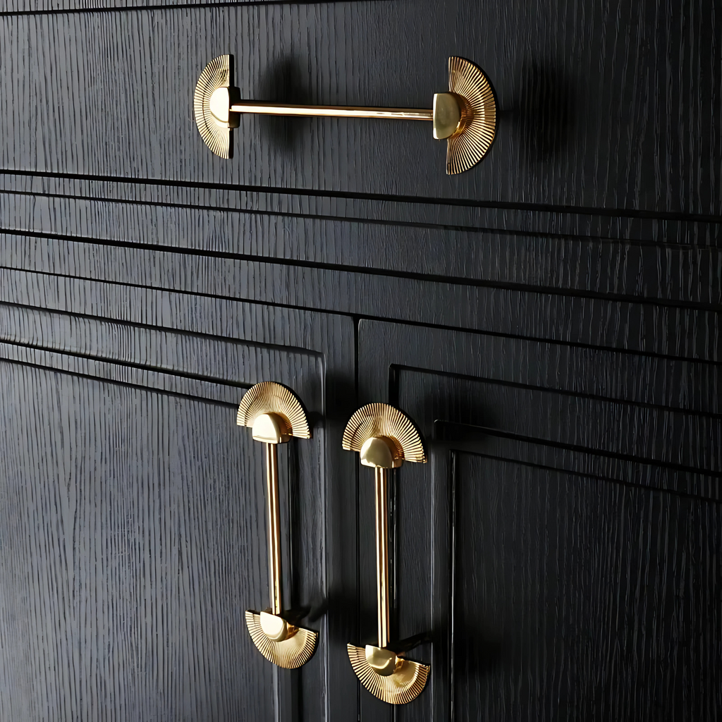 Brass Essence scalloped brass fan handle from the Collection B-0085, showcasing detailed brass craftsmanship and elegant design.