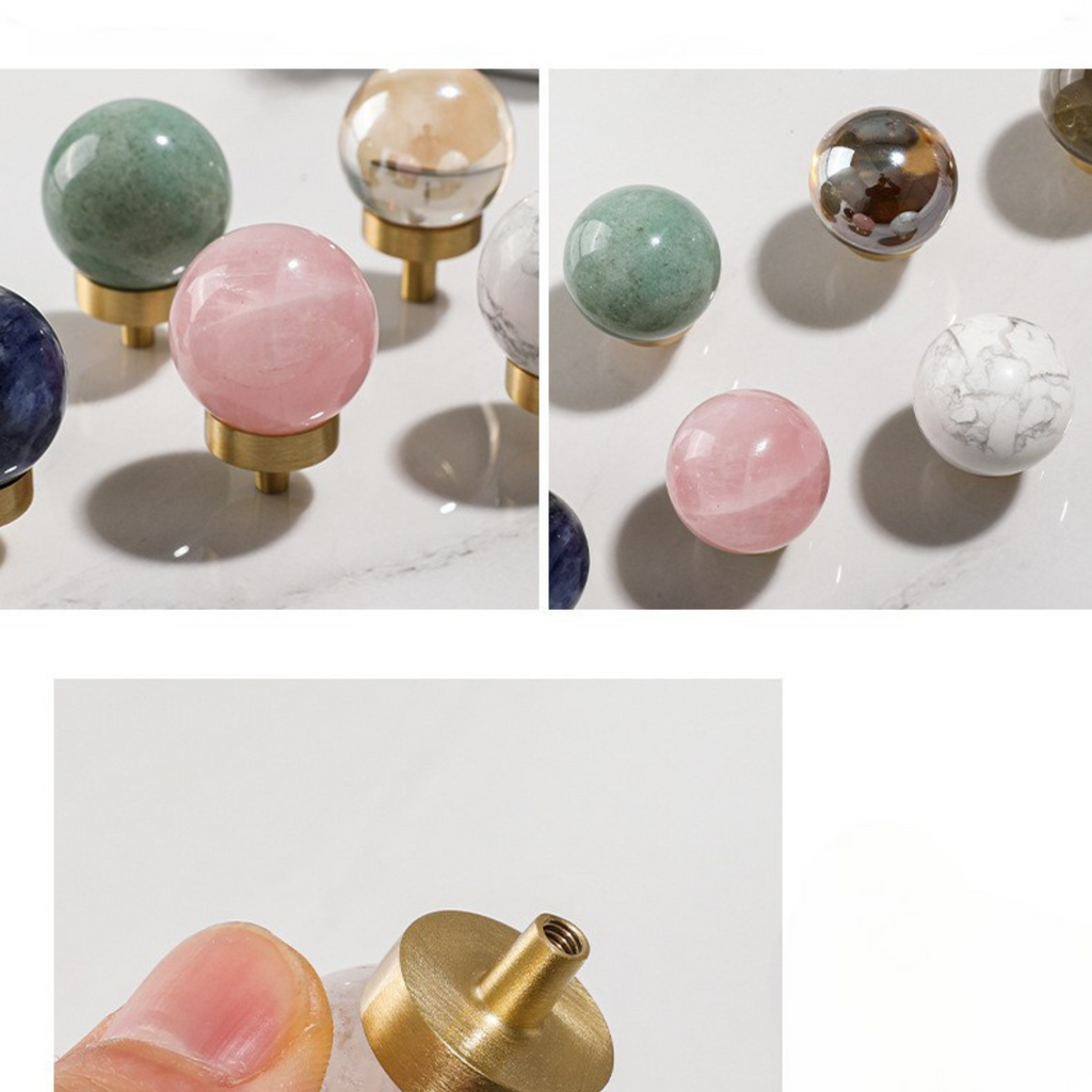 Natural crystal ball and brass cabinet knob from Brass Essence, showcasing a clear crystal sphere atop a brass fitting.