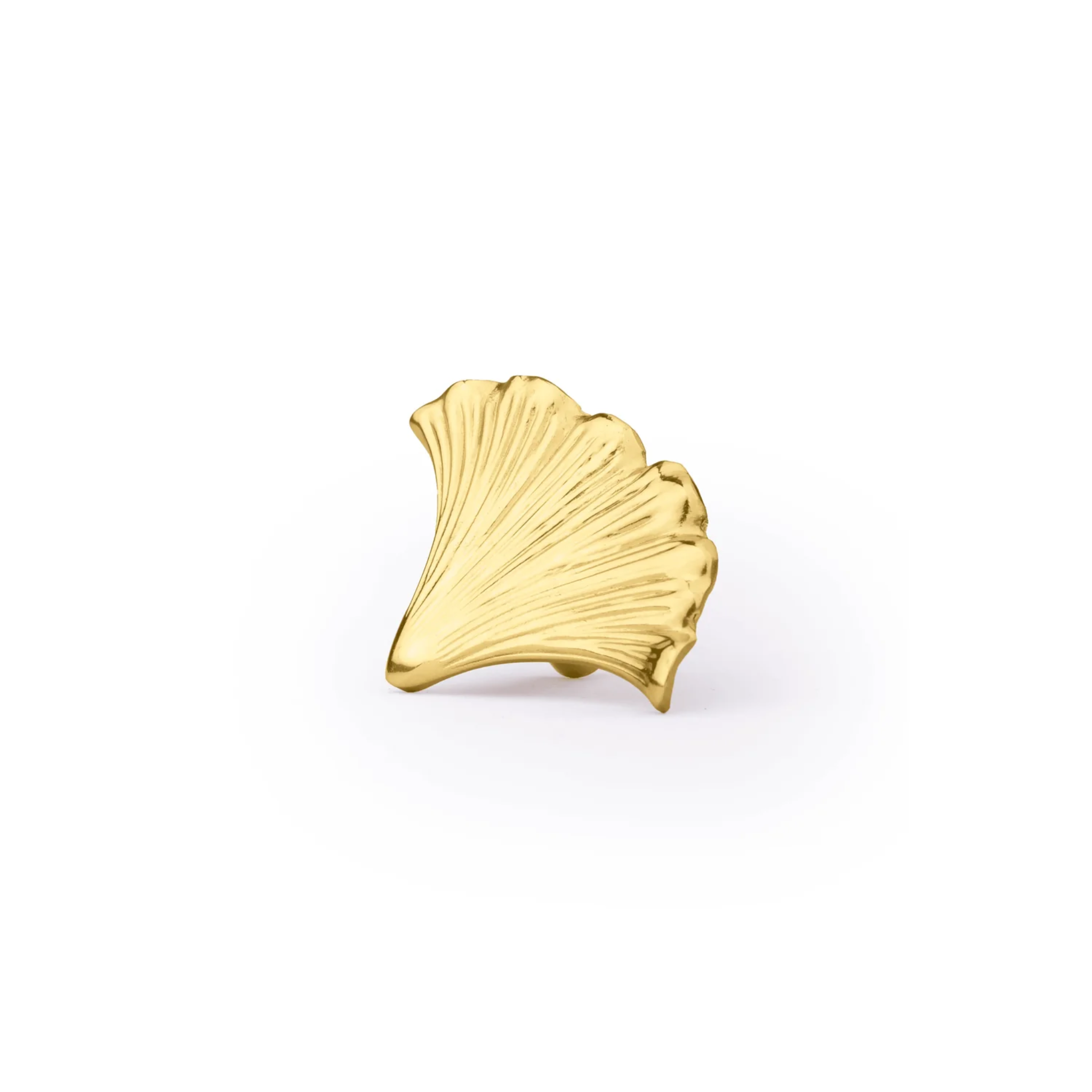 Polished gold ginkgo leaf cabinet pull by Brass Essence, decorative hardware for cabinets with detailed leaf design.