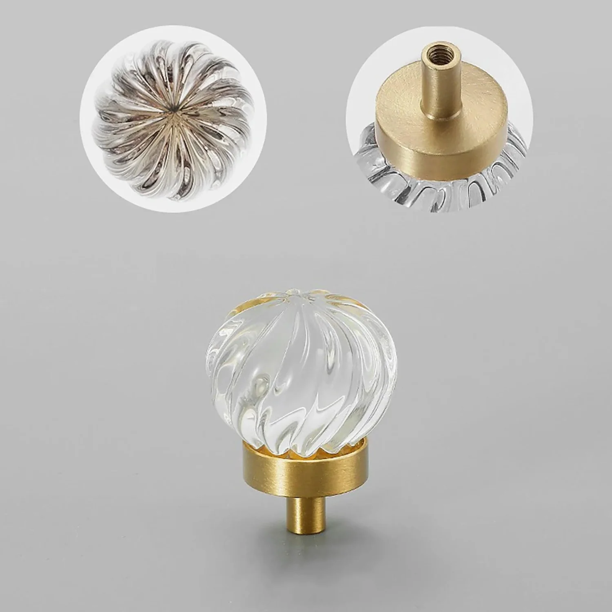 Brass Essence crystal drawer pull with fluted and smooth design, featuring clear glass accents and a polished metal finish.