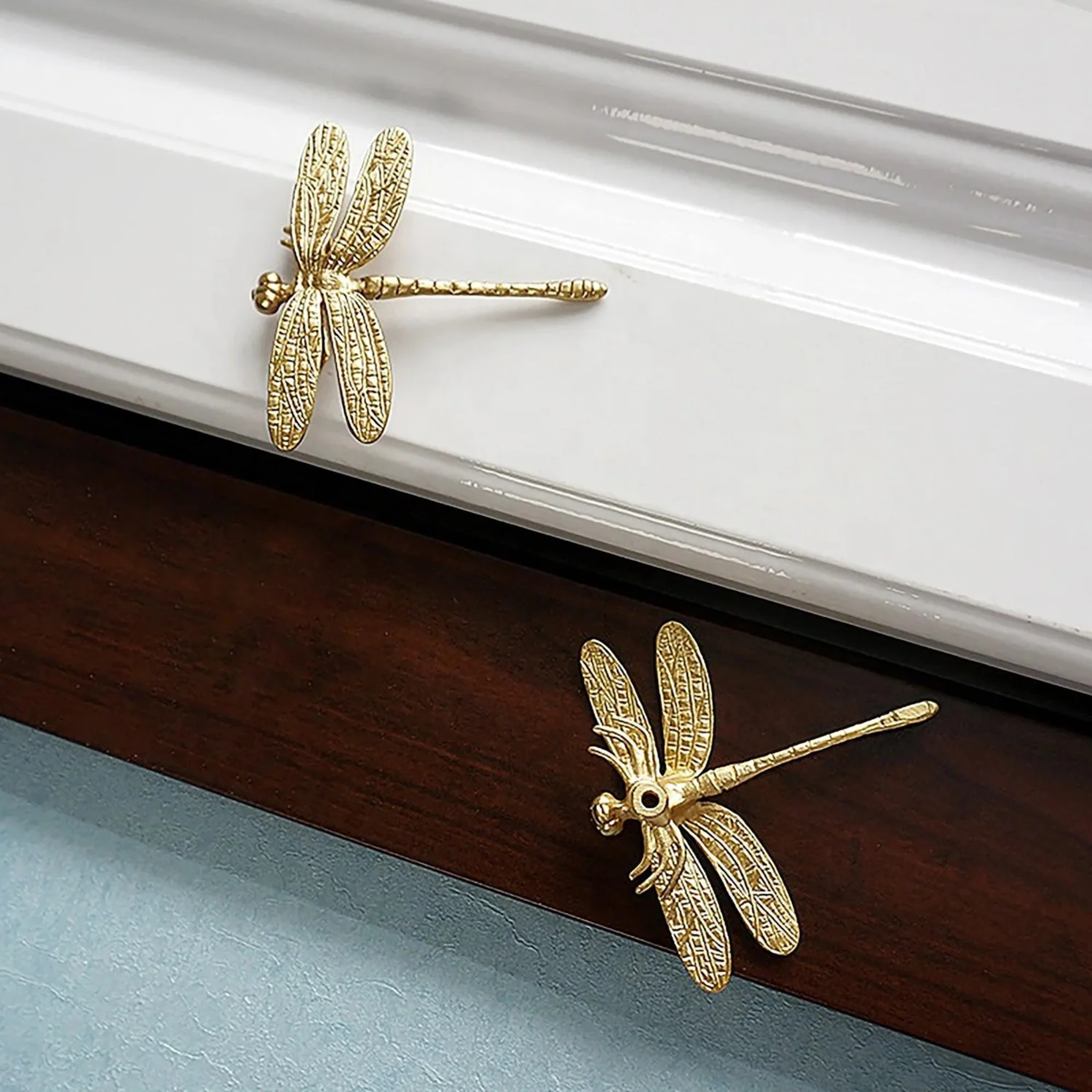 Brass Essence Dragonfly solid brass cabinet pull with detailed dragonfly design and polished finish, ideal for furniture or cabinets.