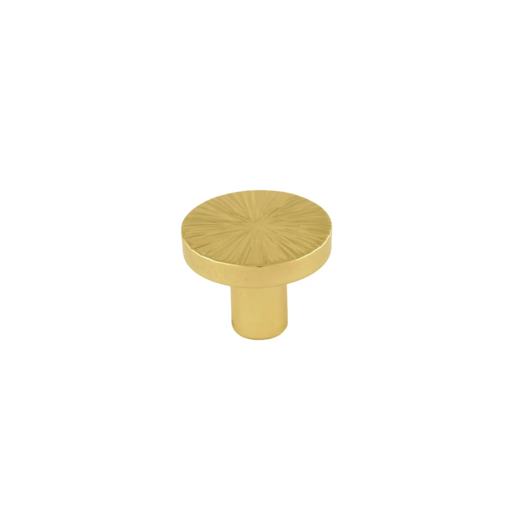 Hammered Sunburst Brass Cabinet Knob by Brass Essence, close-up of textured brass finish and sunburst design for furniture accents.