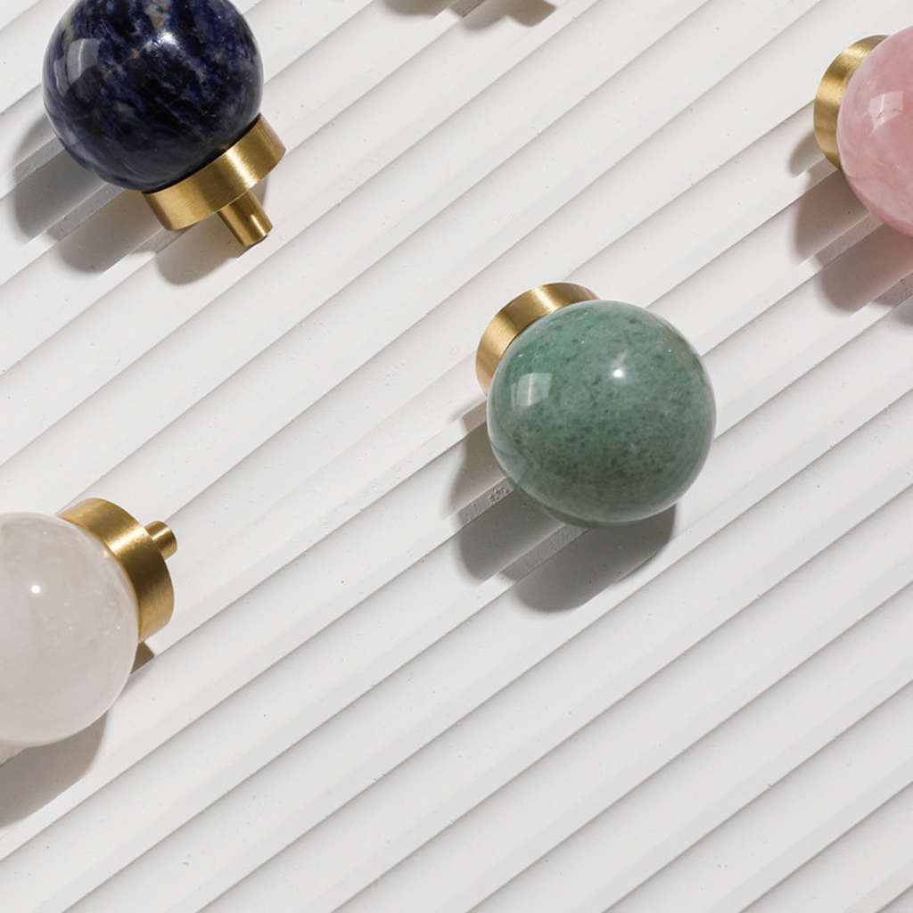 Brass Essence natural crystal ball and brass cabinet knob with smooth polished surface, decorative hardware for furniture.