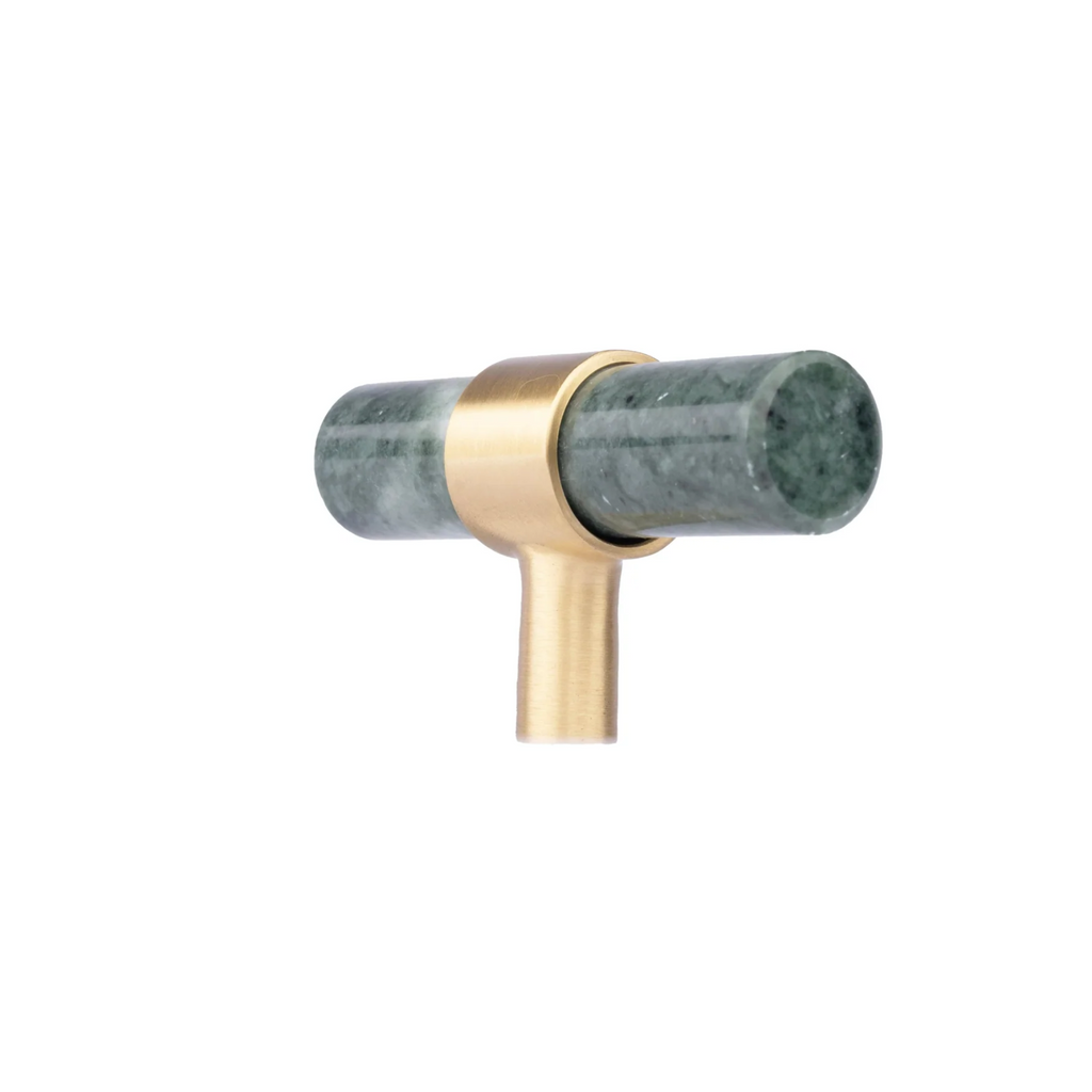 Karish marble and brass handles by Brass Essence, luxury brushed finish, showcasing elegant marble with brass accents