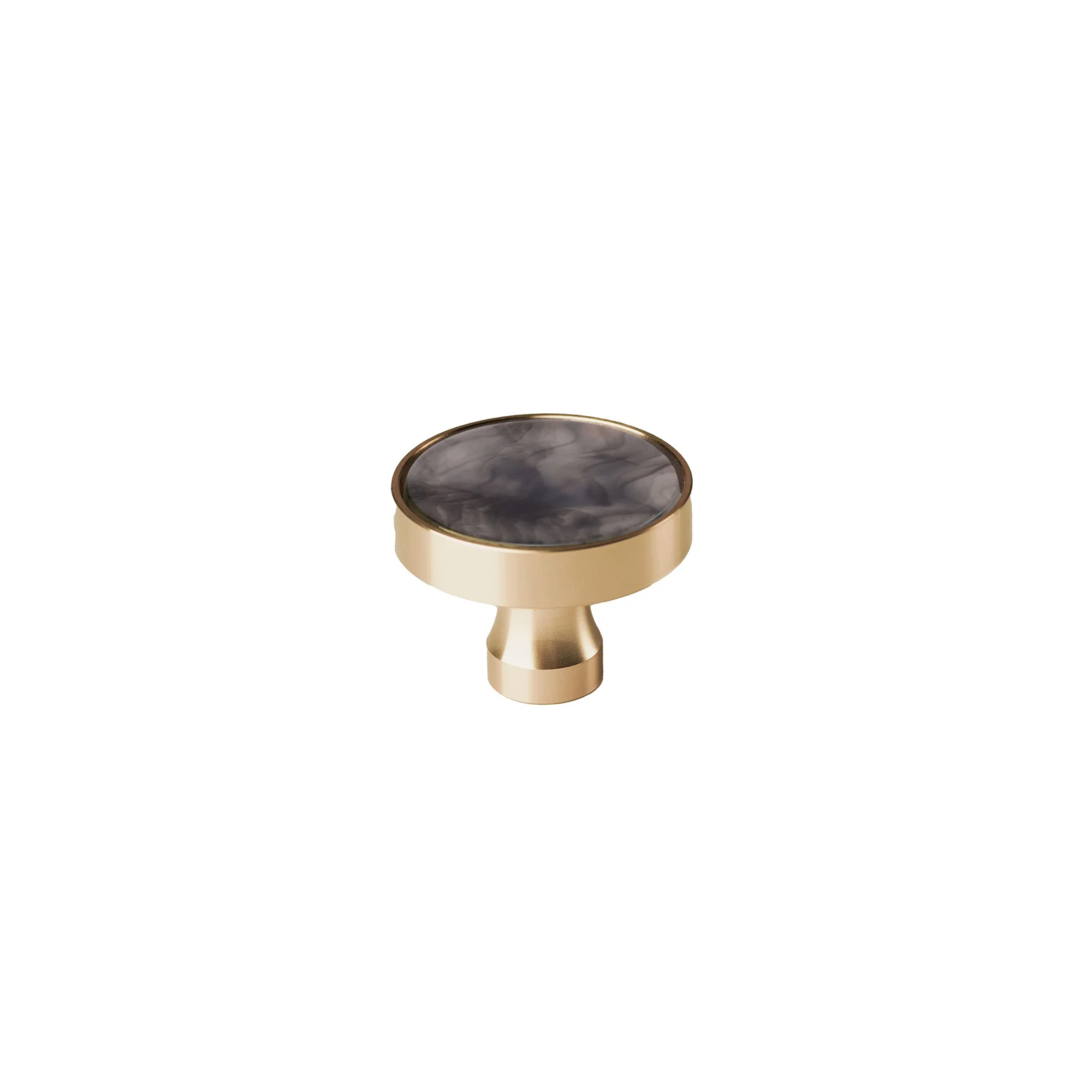 Acrylic and brass disc cabinet knob by Brass Essence, featuring a round design with polished brass finish and clear acrylic center.