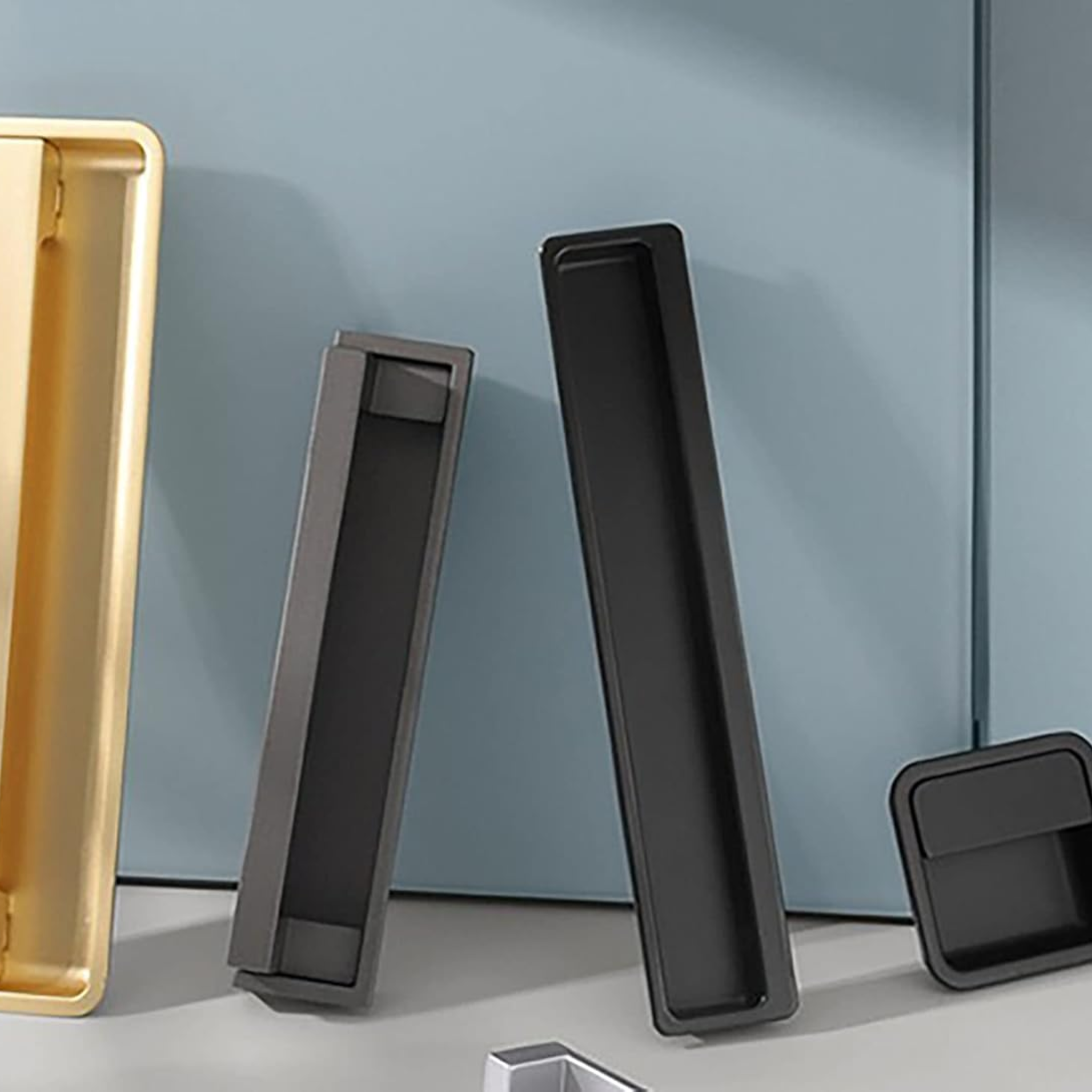 Recessed matte zinc cabinet handle from Brass Essence's Zinc Collection, with sleek, minimalist design and smooth finish.