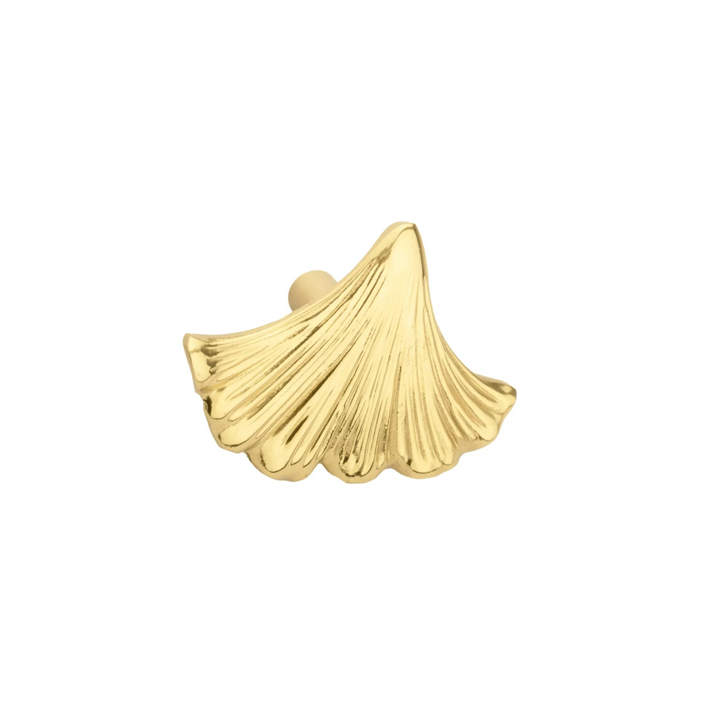 Polished gold Ginkgo leaf cabinet pull by Brass Essence, featuring detailed leaf design for decorative furniture hardware.