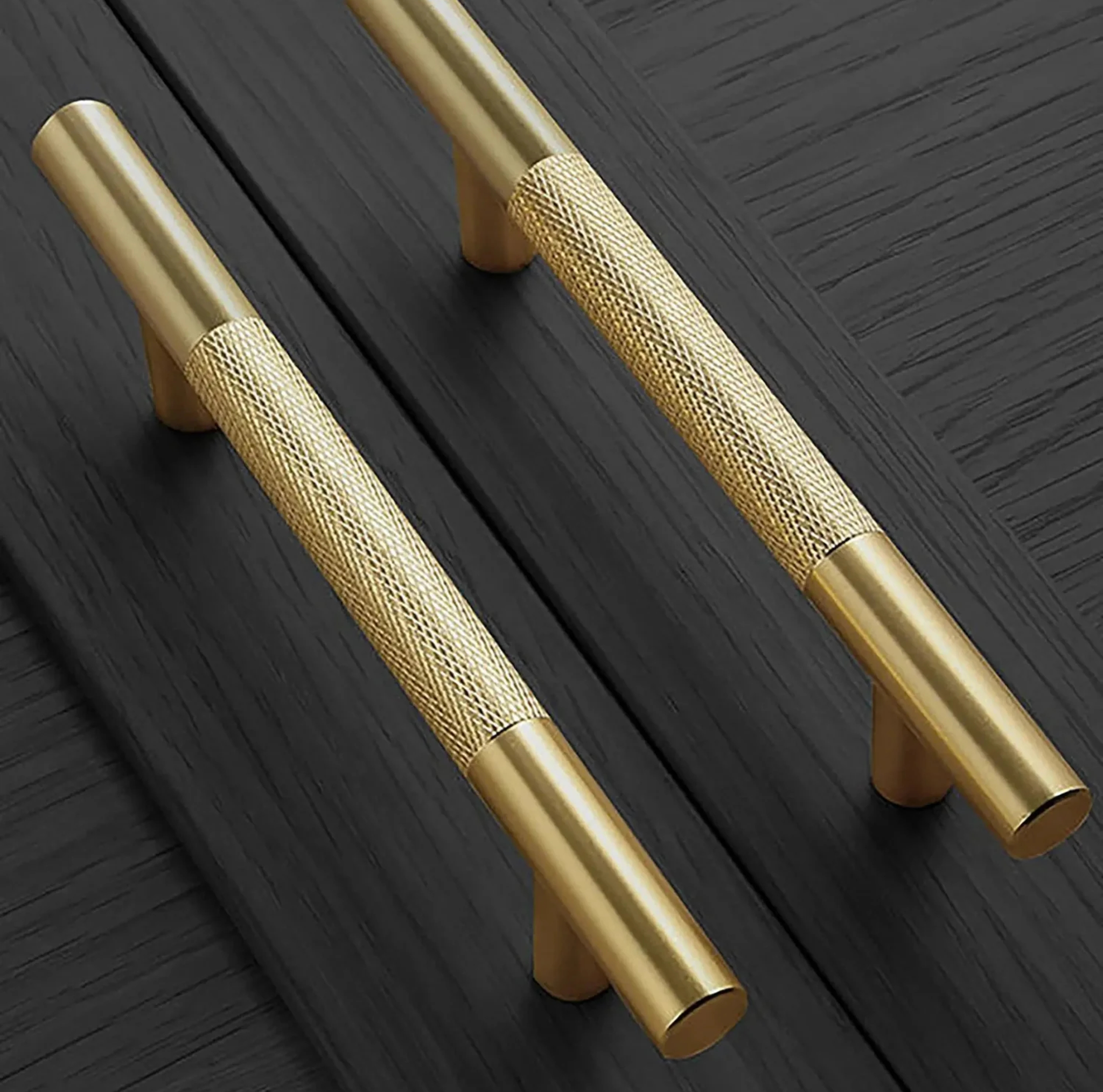 Brass essence Yashvite knurled brass cabinet handle from the B-0060 collection, showcasing a textured, polished finish and ergonomic design.