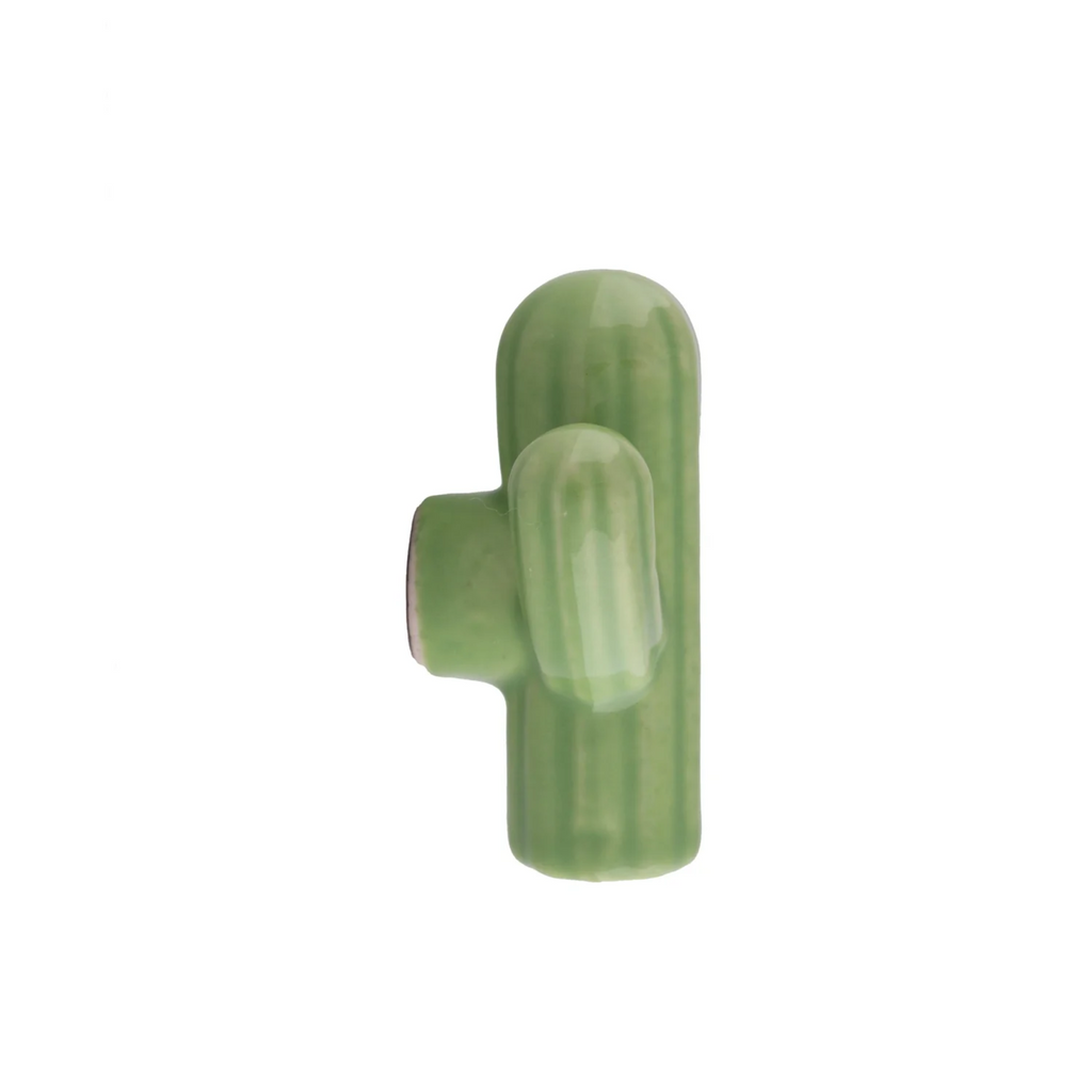 Brass Essence ceramic cactus cabinet knob with a green cactus design on a white background, perfect for furniture hardware.