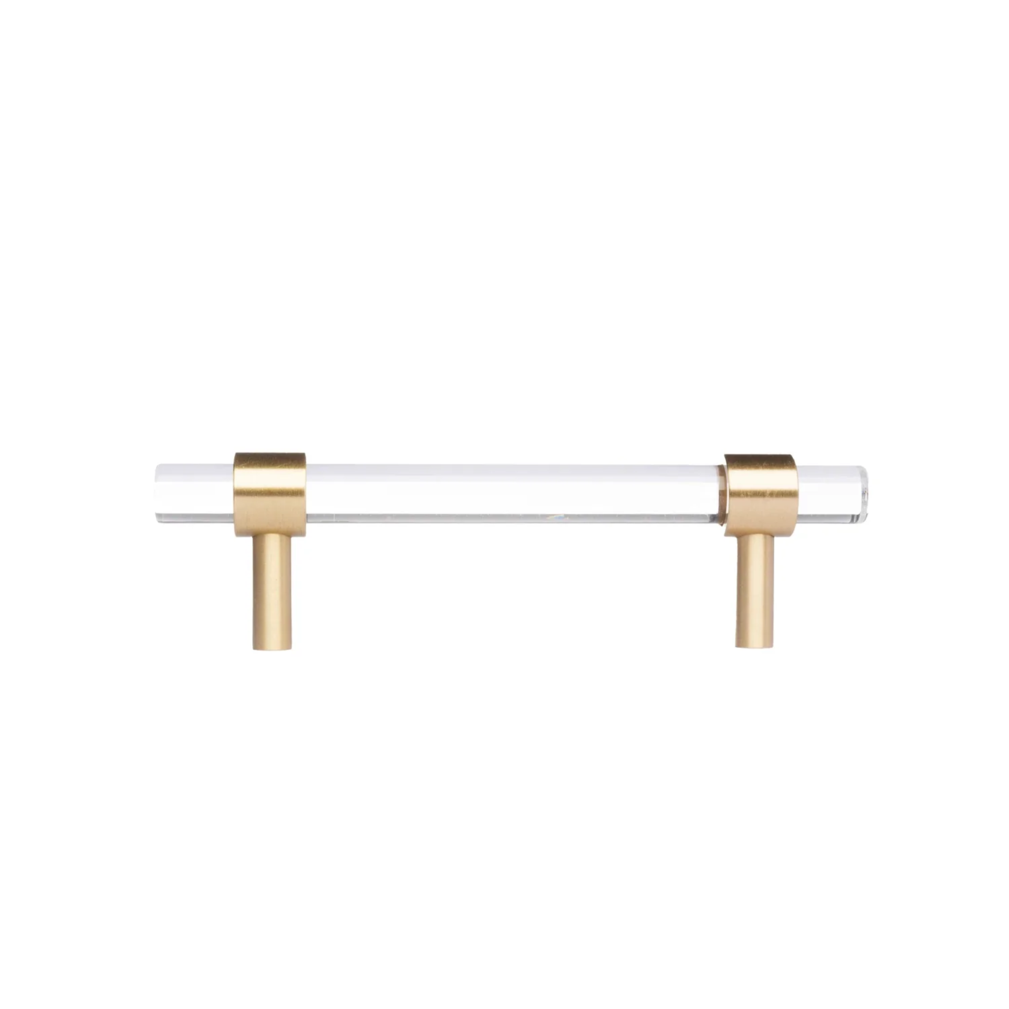 Clear acrylic and brass T-bar handle from Brass Essence collection, showcasing sleek modern design and polished brass finish.