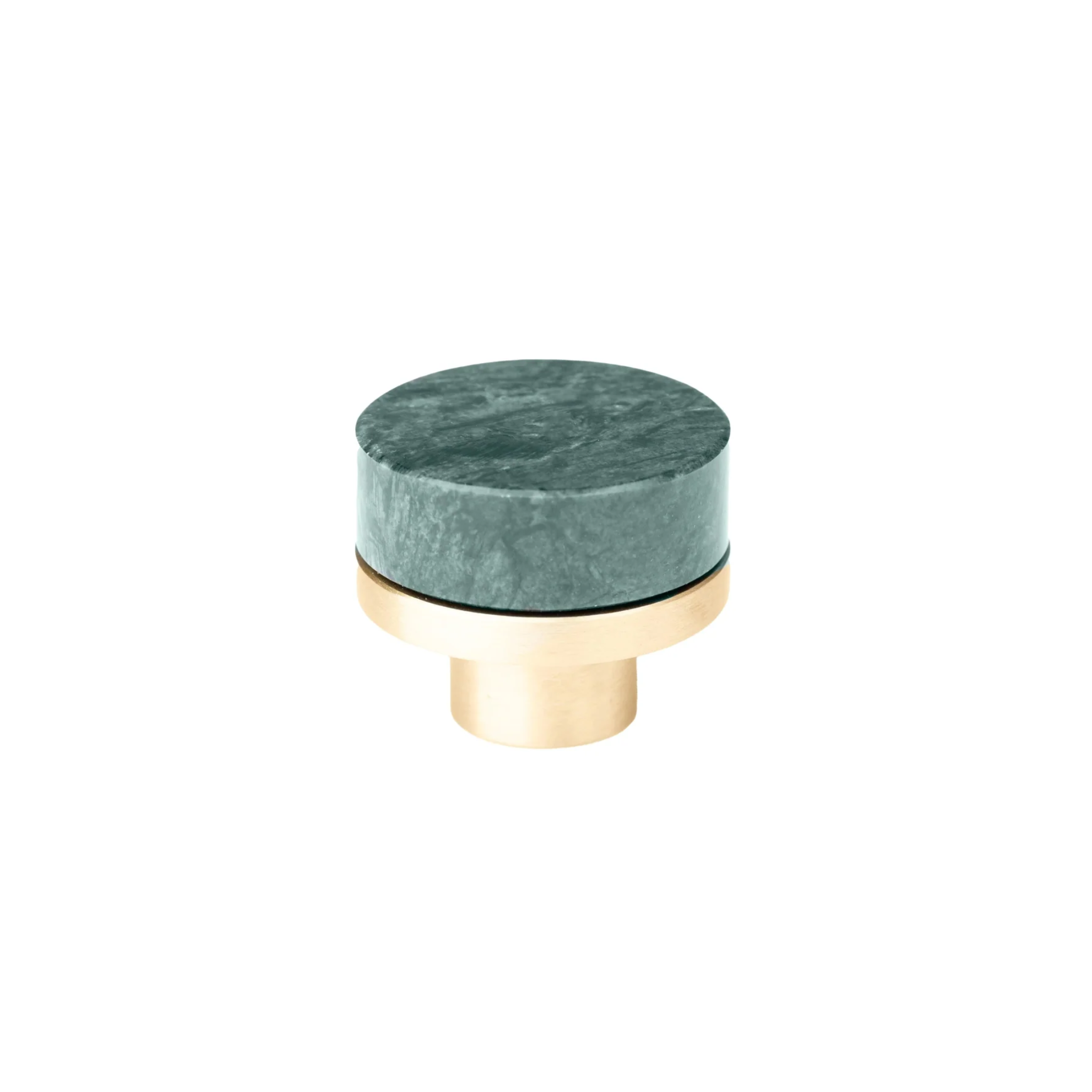 Brass Essence Karish marble and brass knobs with luxurious finish, showcasing elegant round design and polished surface on a white background.