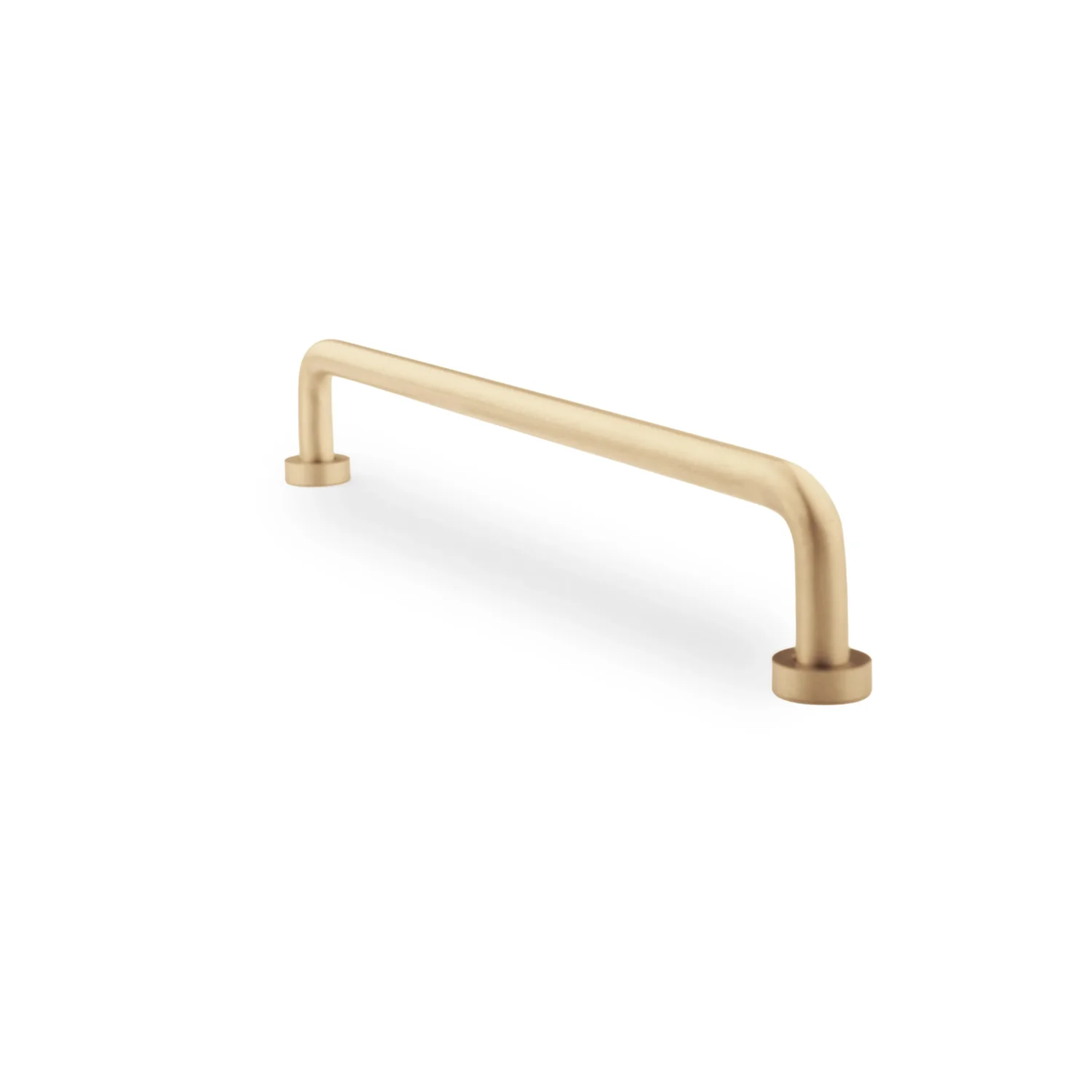 Minimalist solid brass curved handle by Brass Essence, showcasing smooth, polished surface and elegant curved design for furniture or cabinetry.