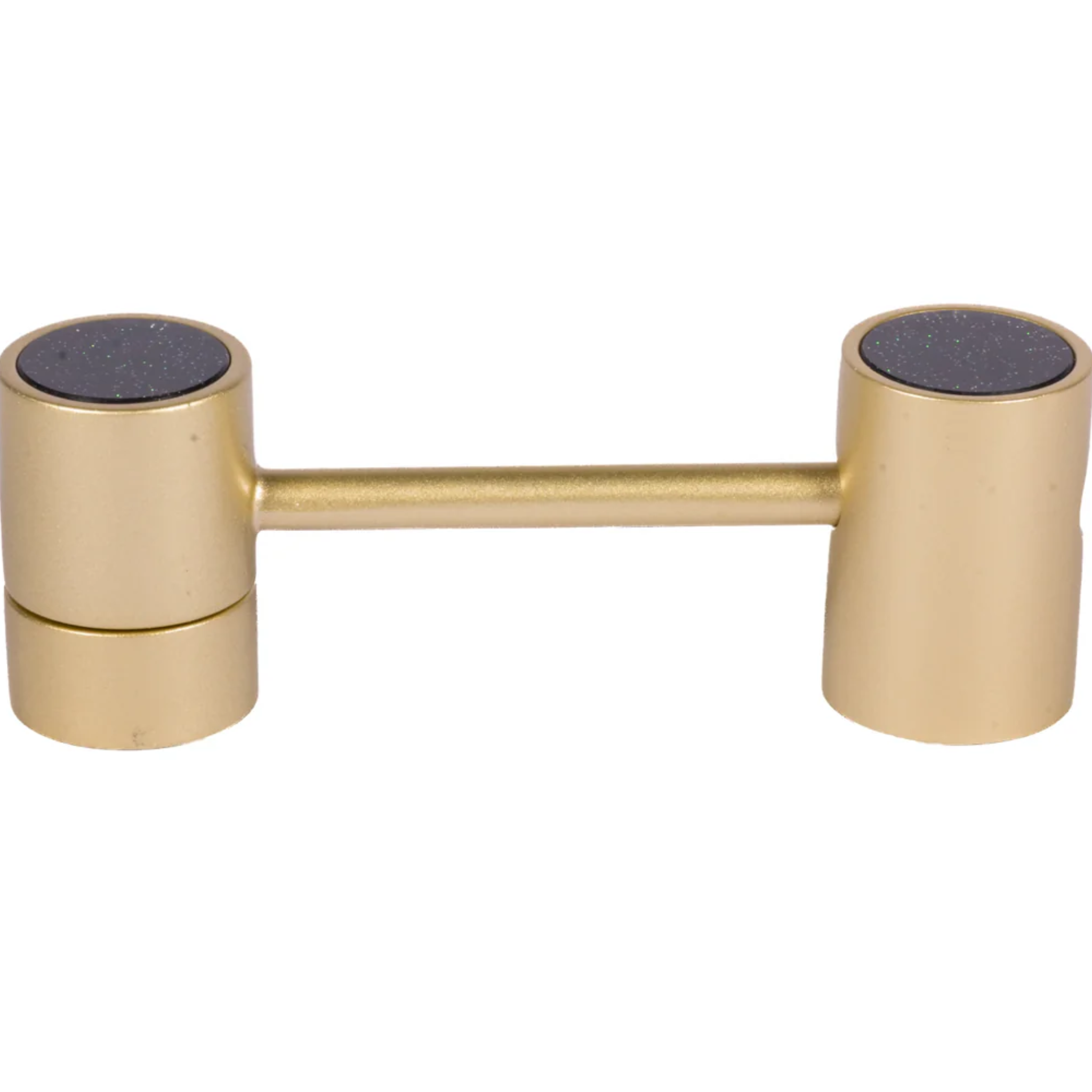 Brass Essence bifocal articulated zinc alloy cabinet pull Z-0019 mounted on a cabinet door showing its dual-function design